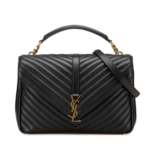 Saint Laurent YSL Monogram V-Stitch Handbag/Shoulder Bag, 2-Way, Black Leather, Women's, SAINT LAURENT