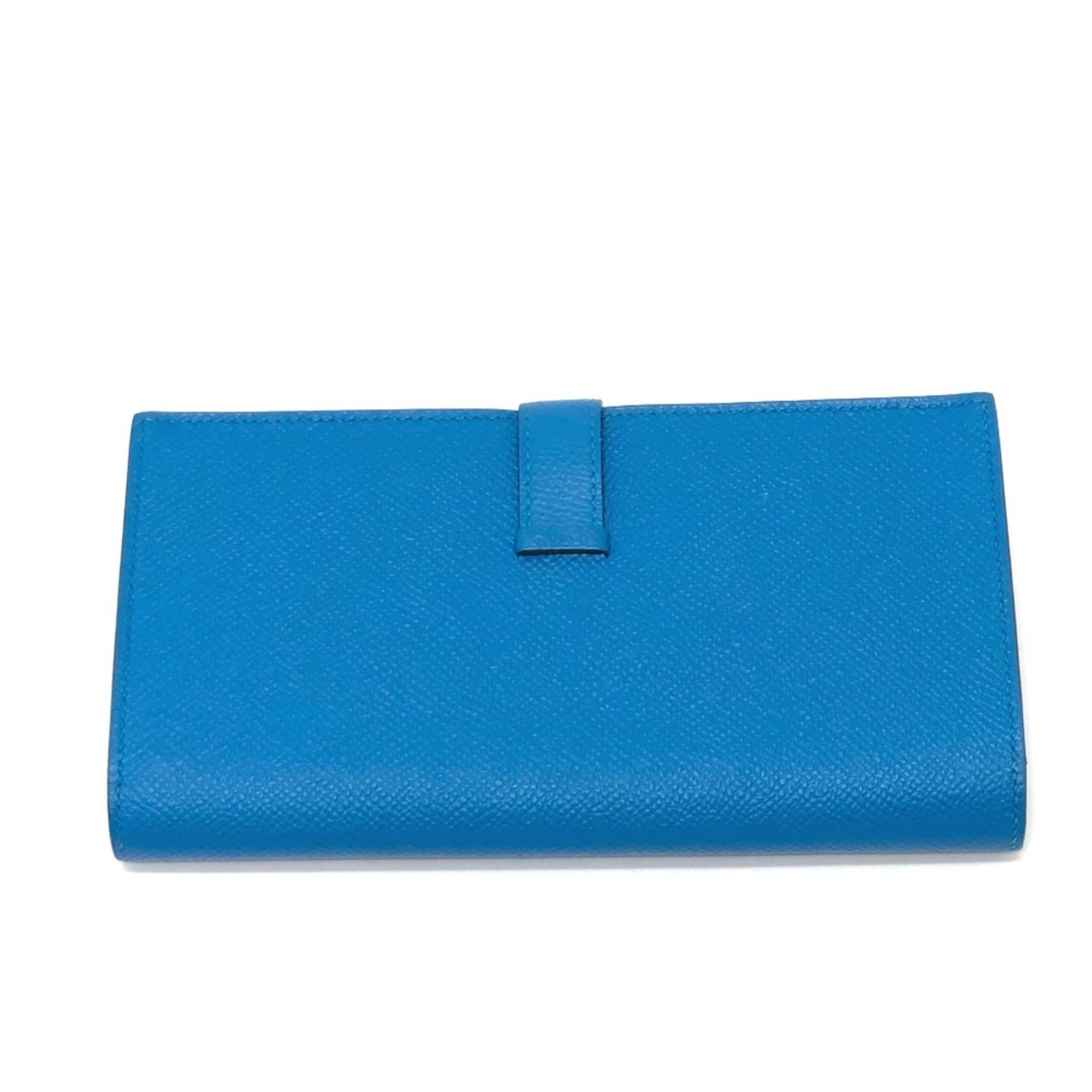 HERMES Bearn Soufflet Bifold Wallet, Long Epsom Leather, Women's, Blue Zanzibar,