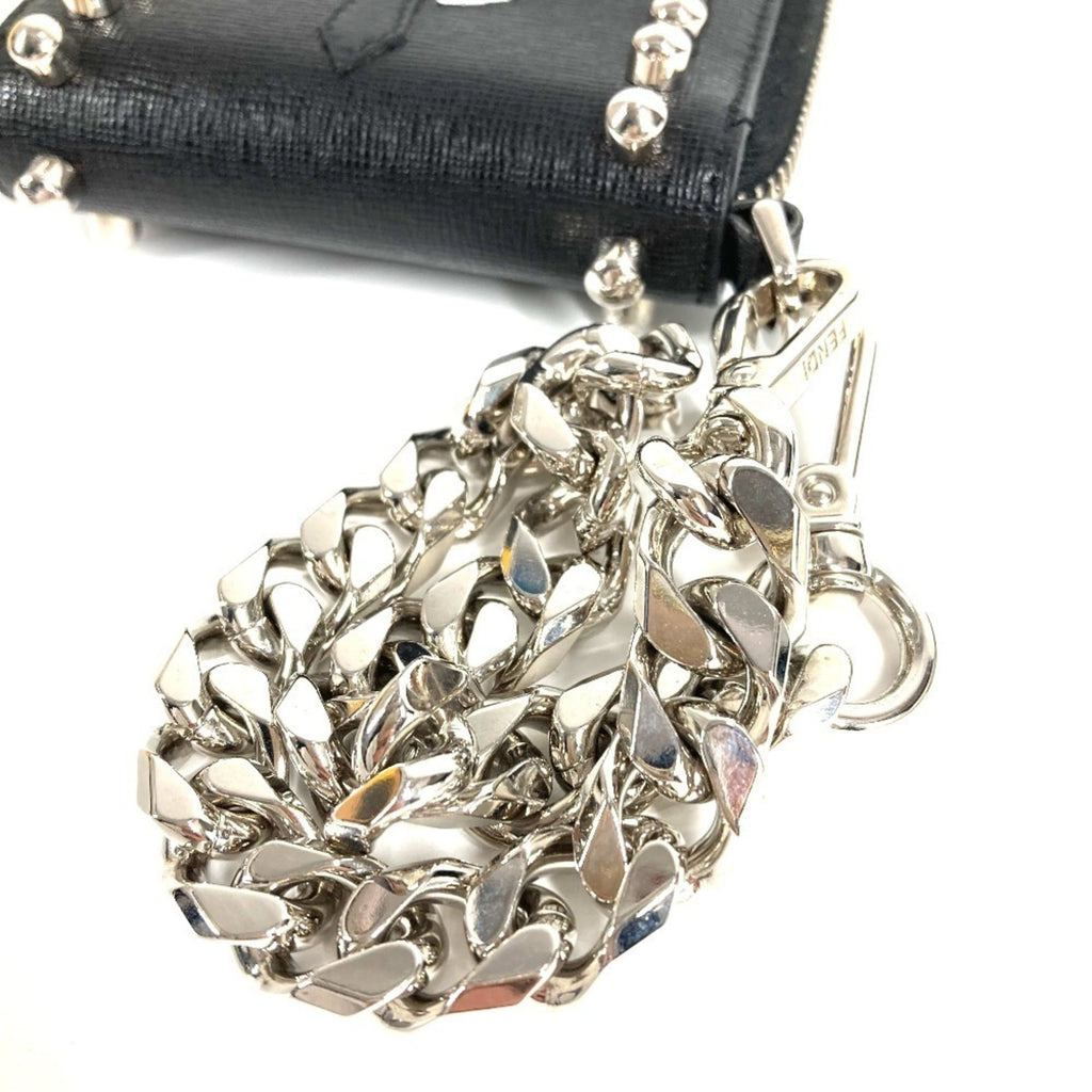 FENDI 7M0197 Karl Lagerfeld Round Zip Compact Wallet with Chain, Black Leather, Men's and Women's