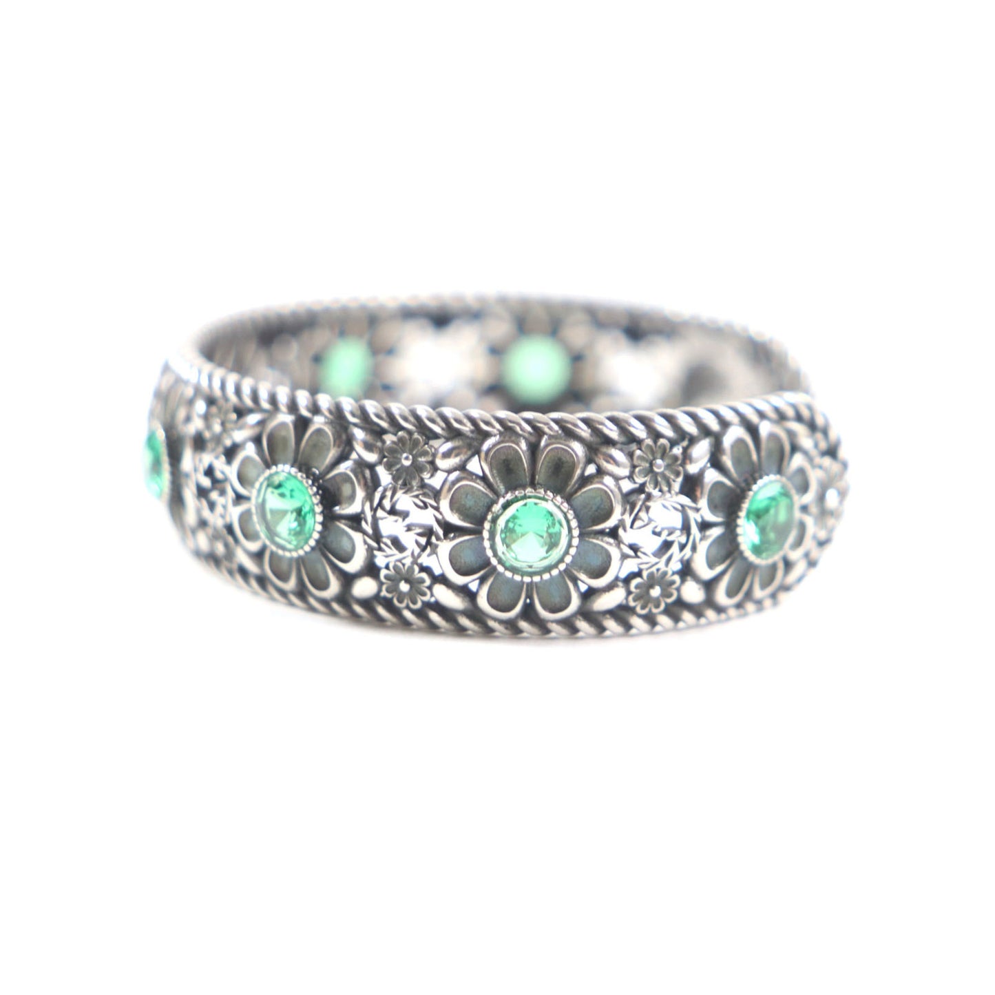 GUCCI Crystal Floral Interlocking G Bangle Bracelet, AG925 Silver, Green, Size 16, Includes Box and Dust Bag, Made in Italy, Weight 24.8g, Men's