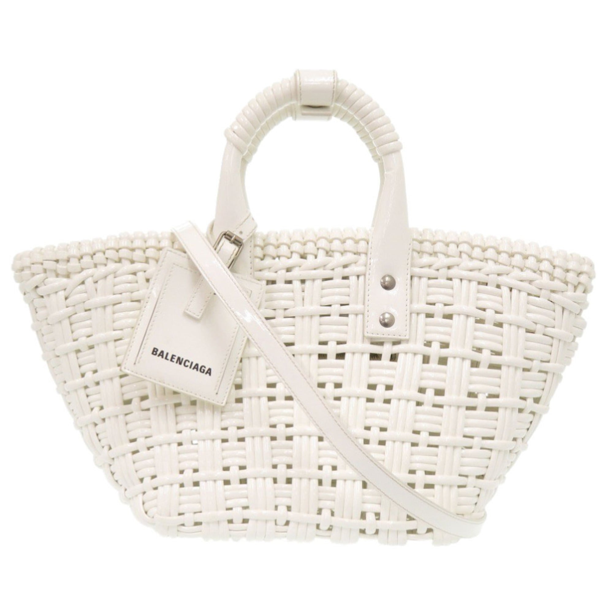 Excellent condition Balenciaga 2-way Bistro XS 671342 patent leather white handbag/basket bag, 1755BALENCIAGA