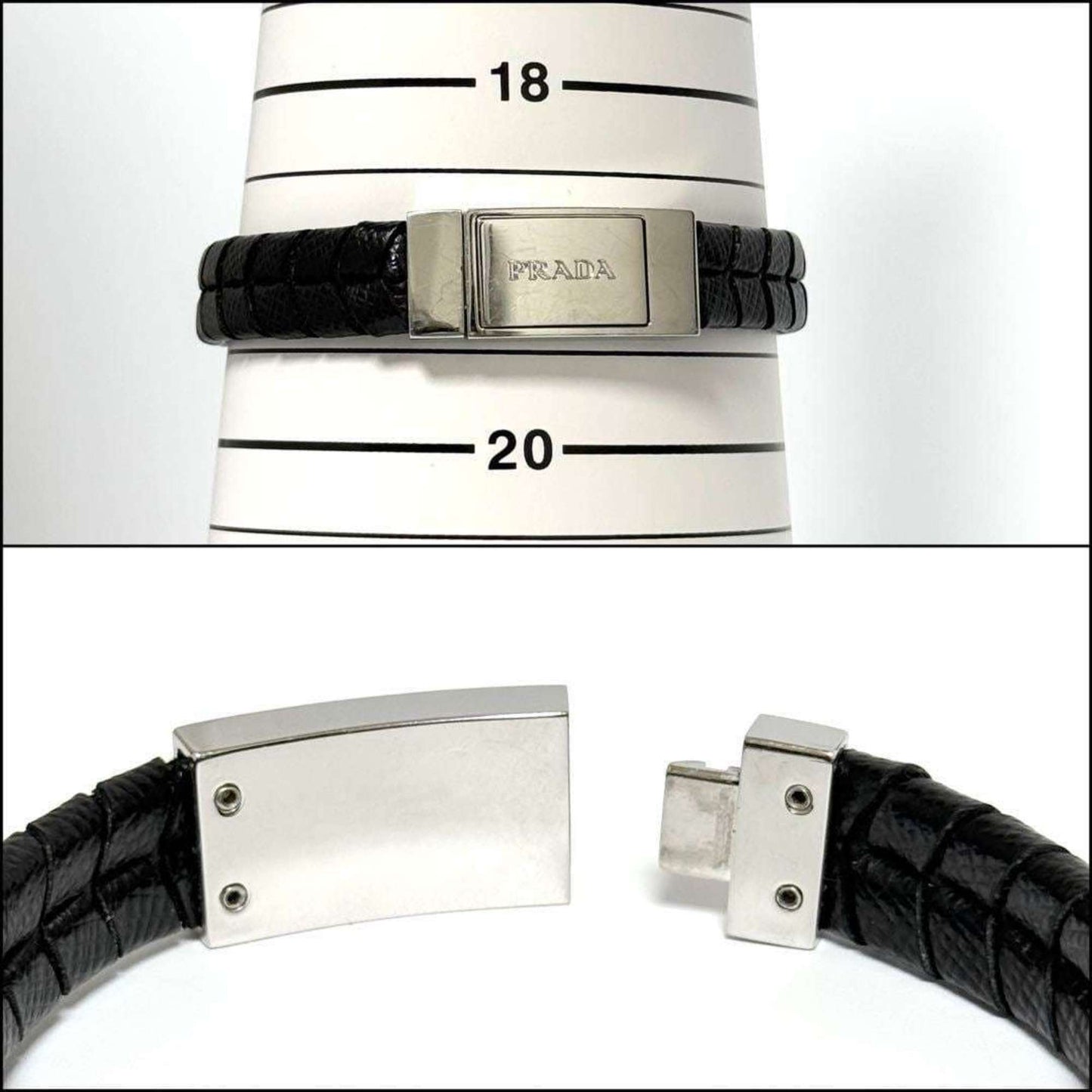 Prada Men's Logo Plate Leather Bracelet Black