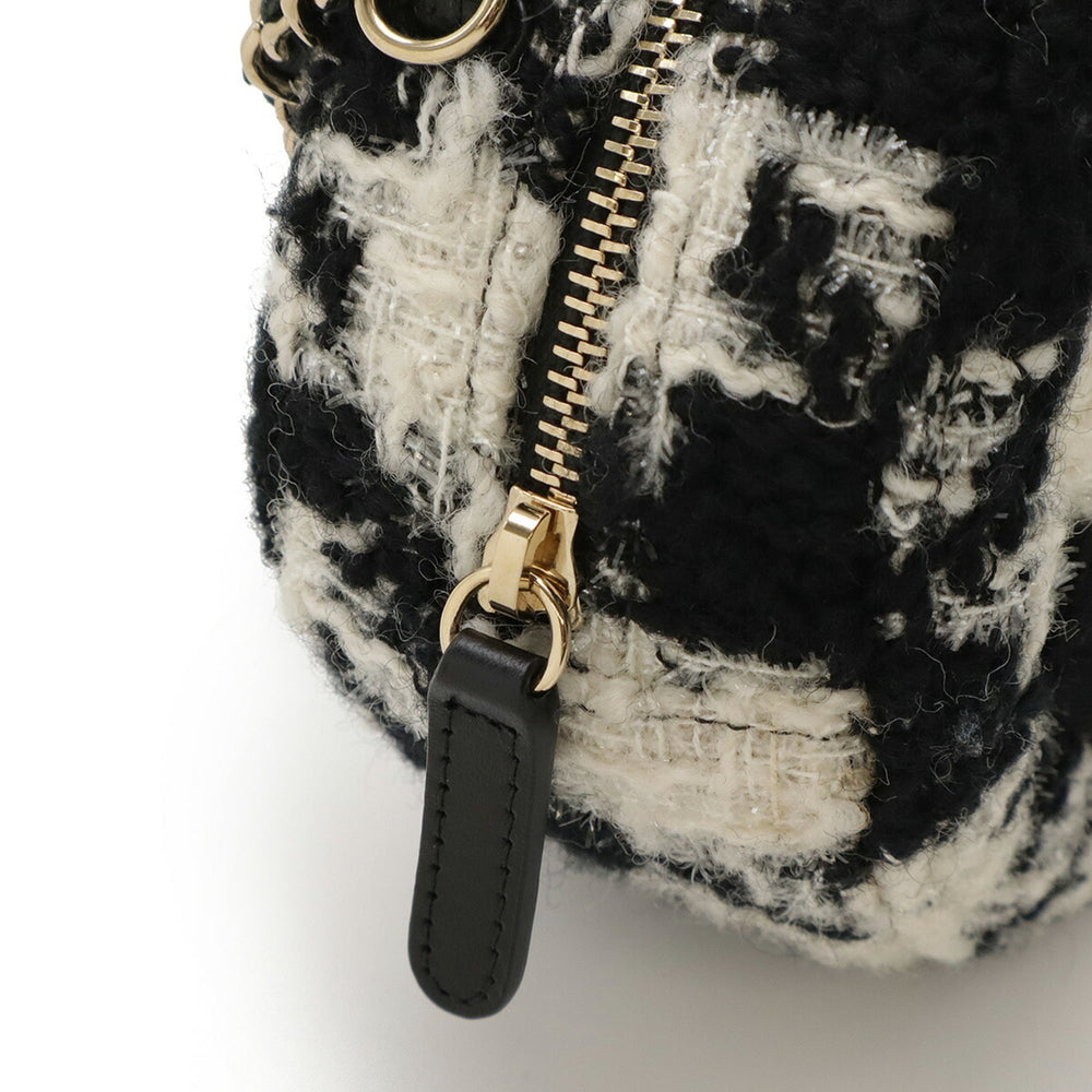 CHANEL Round Chain Shoulder Pochette in Houndstooth Tweed with Boa, Ivory and Black, AP0986 — Like New