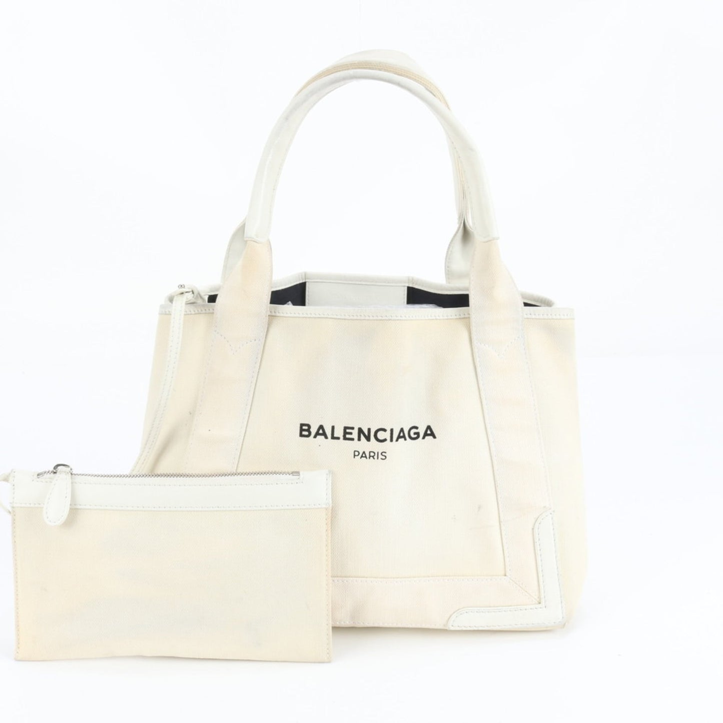 Balenciaga Navy Cabas Small Leather Tote Bag with Pouch, 339933, White, Women's