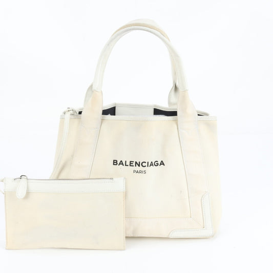 Balenciaga Navy Cabas Small Leather Tote Bag with Pouch, 339933, White, Women's