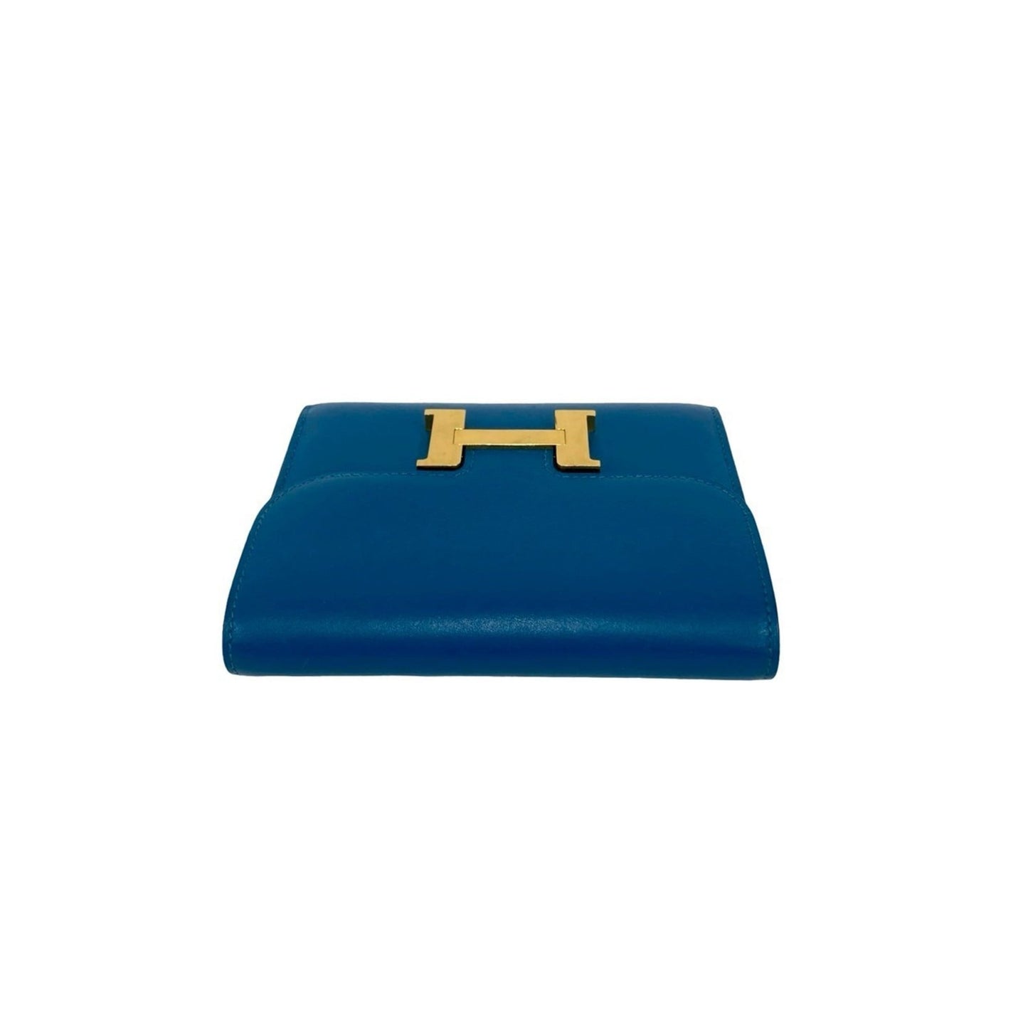 A stamped HERMES Constance Compact Calf Leather Bi-fold Wallet Blue 28793