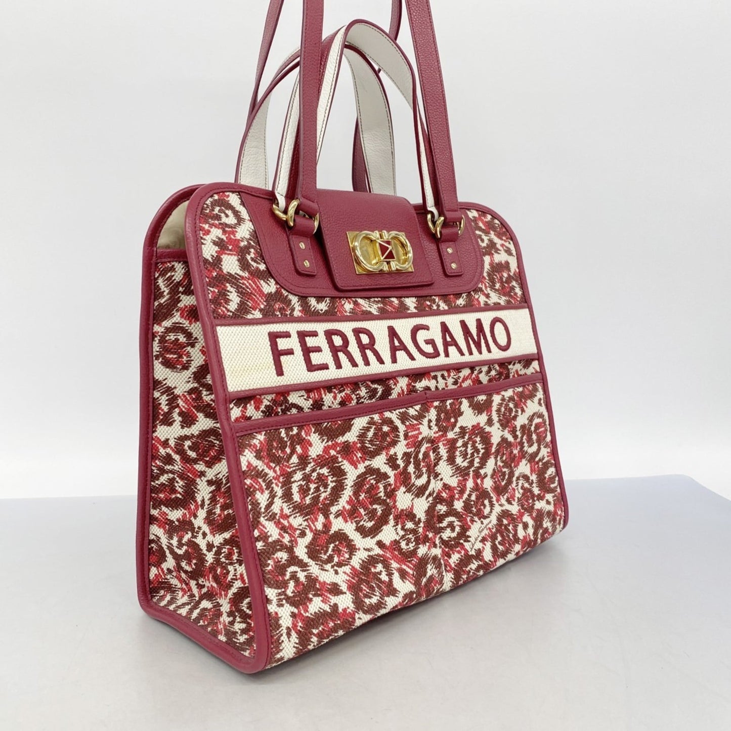 Salvatore Ferragamo Gancini Tote Bag, Bordeaux Canvas and Leather, 2-Way Bag for Women, P1926603