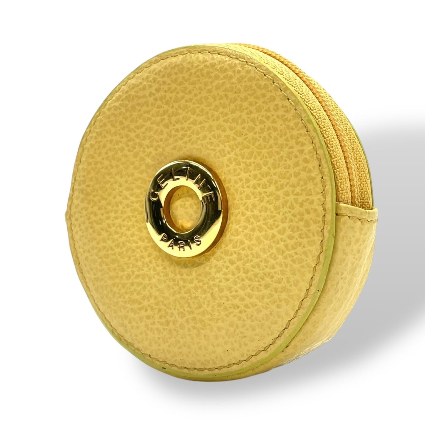 Celine Round Circle Logo Wallet/Coin Case, Beige, Gold Hardware, Yellow Leather, M3