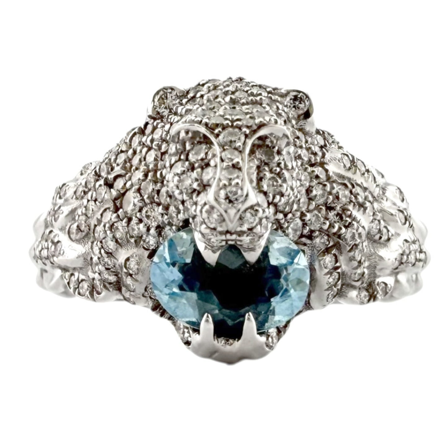 Pre-owned Gucci Lion Head Ring, size 16.5, 18k gold, aquamarine and diamonds, unisex.