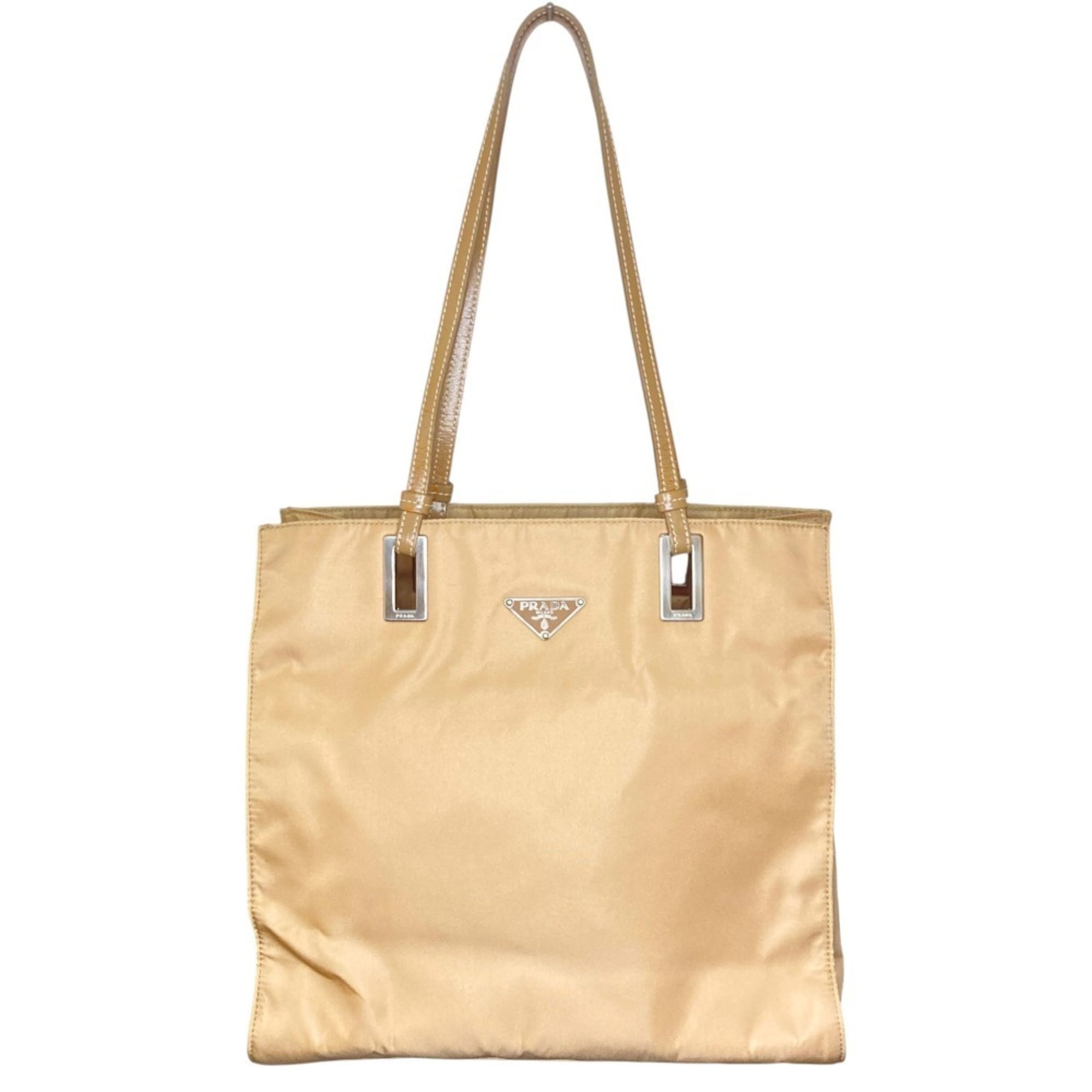 PRADA Prada Triangle Logo Plate Leather Handle Nylon Tote Bag BR1566 Beige Women's