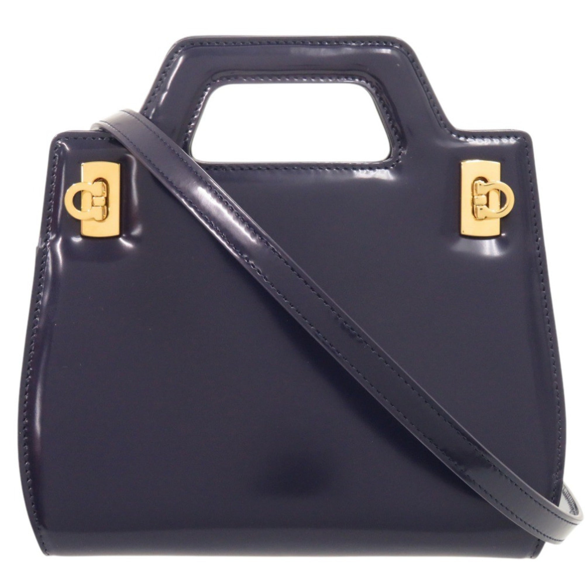 Unused Salvatore Ferragamo Wanda Mini 2WAY Gancini 213485 Calf Leather Blue Handbag 1389Salvatore — Like New