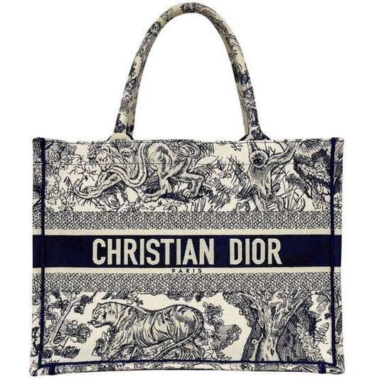 Christian Dior Book Tote Bag f-24650, Navy and White Jacquard Canvas, 50-MA-1222, Embroidery, Blue Tiger Pattern, Square, Men's Women's