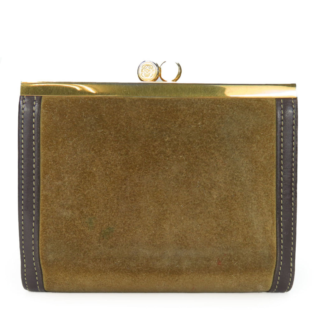 LOEWE Tri-fold Wallet Suede Leather Khaki Brown Anagram Accessory Women's