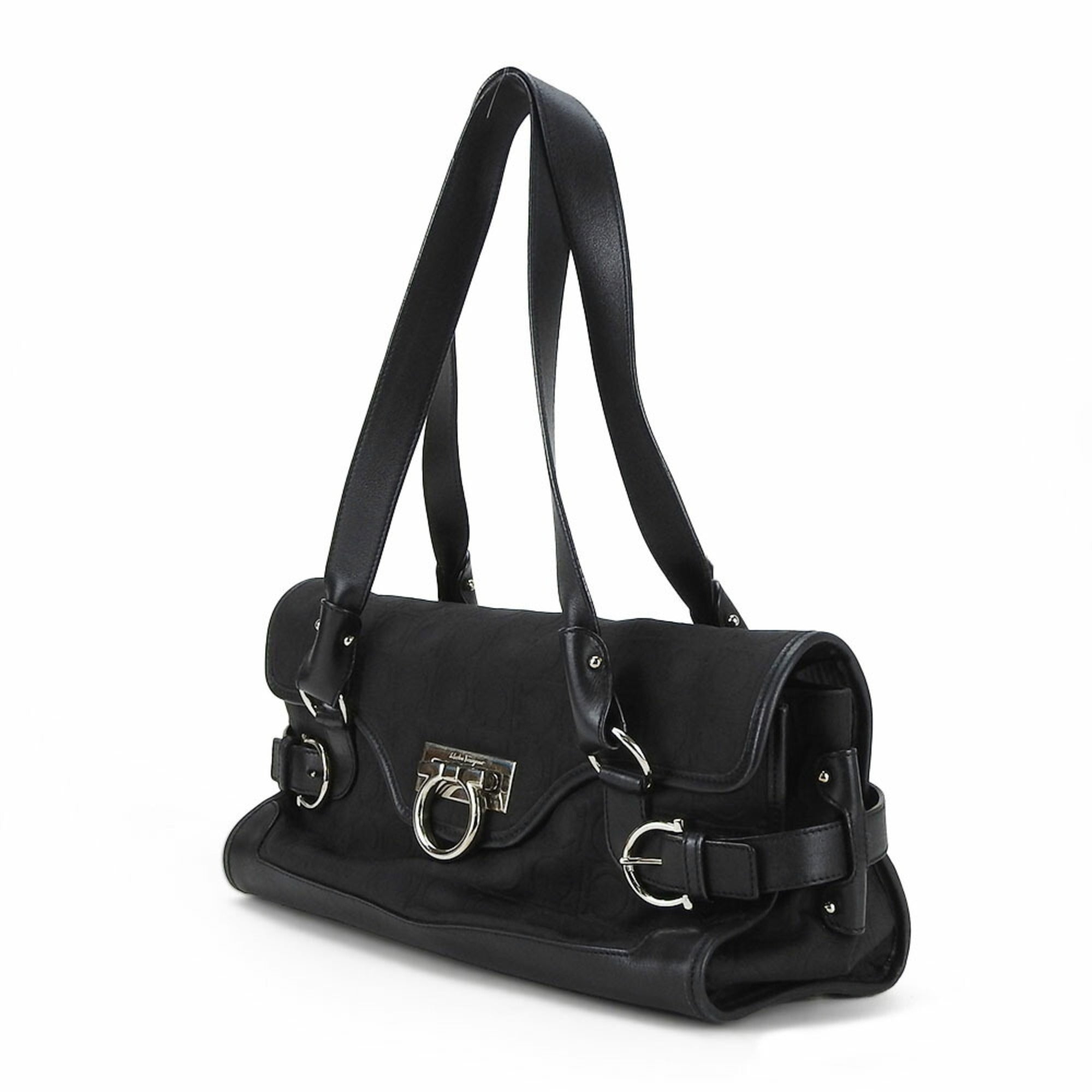 Salvatore Ferragamo Handbag EX-21 4913 Gancini Canvas Leather Black Shoulder Bag Women's