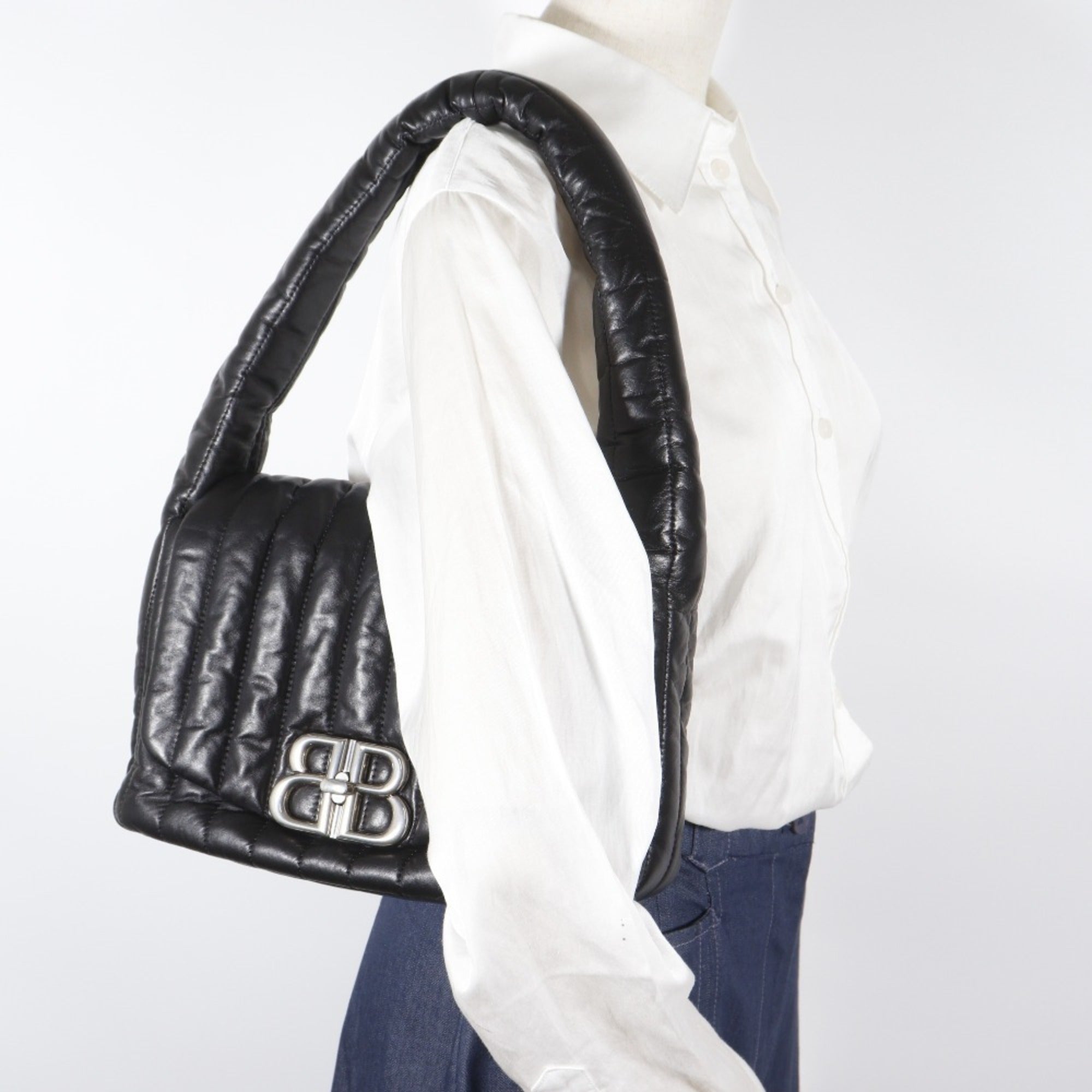 Balenciaga Monaco Shoulder Bag, Quilted, Calfskin, Black, A5 Size, Turn-Lock, Women's, 787896 — Like New