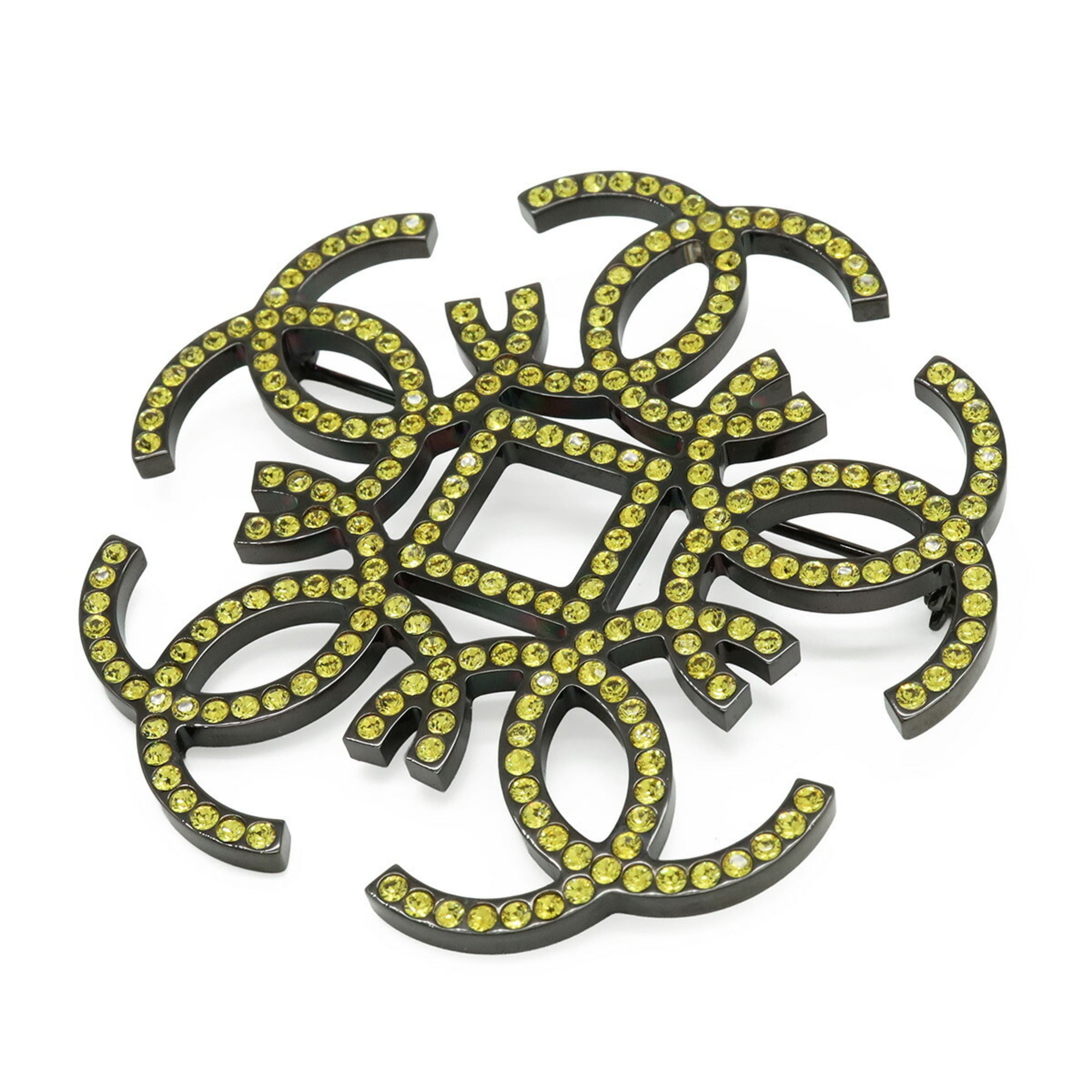 CHANEL Coco Mark Rhinestone Brooch, Metal, Yellow Gold, Black, B17S — Like New
