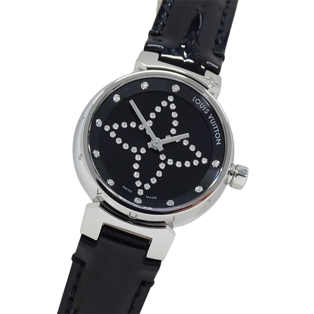 Louis Vuitton LOUIS VUITTON Women's Watch Tambour Forever Diamond Quartz QZ Stainless Steel SS Leather Q12M5 Silver Black — Good
