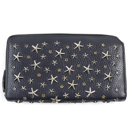 JIMMY CHOO Calfskin Leather Round Zip Wallet with Crystal Star Studs, Navy Blue, Made in Italy