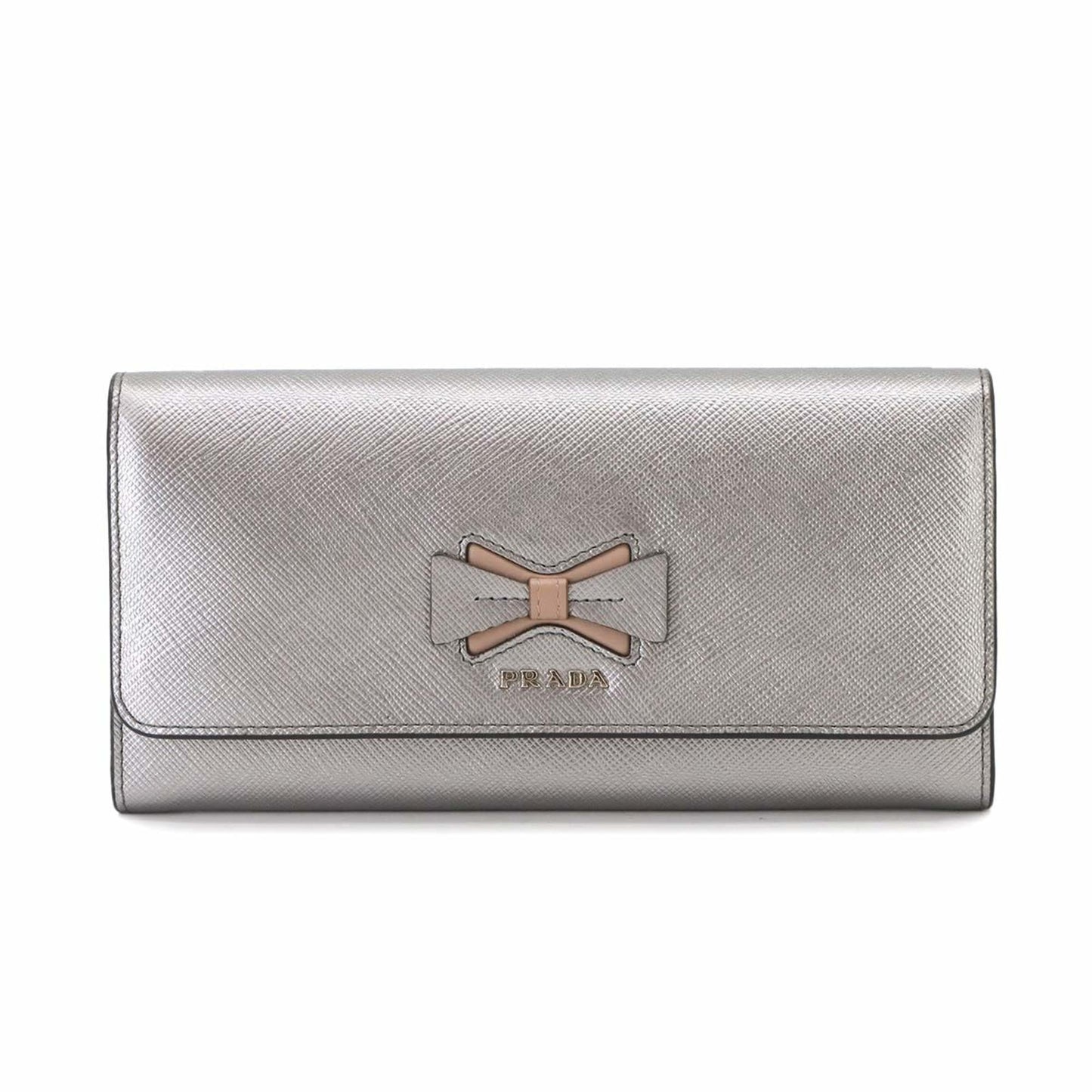 Prada Saffiano Bifold Long Wallet in Silver and Pink Beige Leather (1MH132) with Hardware