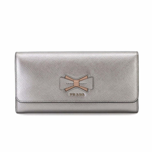 Prada Saffiano Bifold Long Wallet in Silver and Pink Beige Leather (1MH132) with Hardware