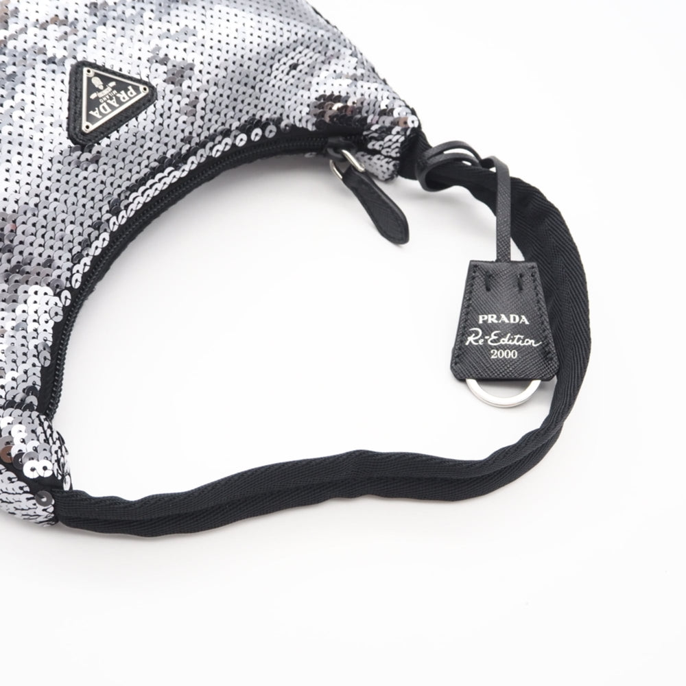 PRADA Nylon Re-Edition Sequin Hobo Handbag WS22477 Silver Black Women's — New - Store Return