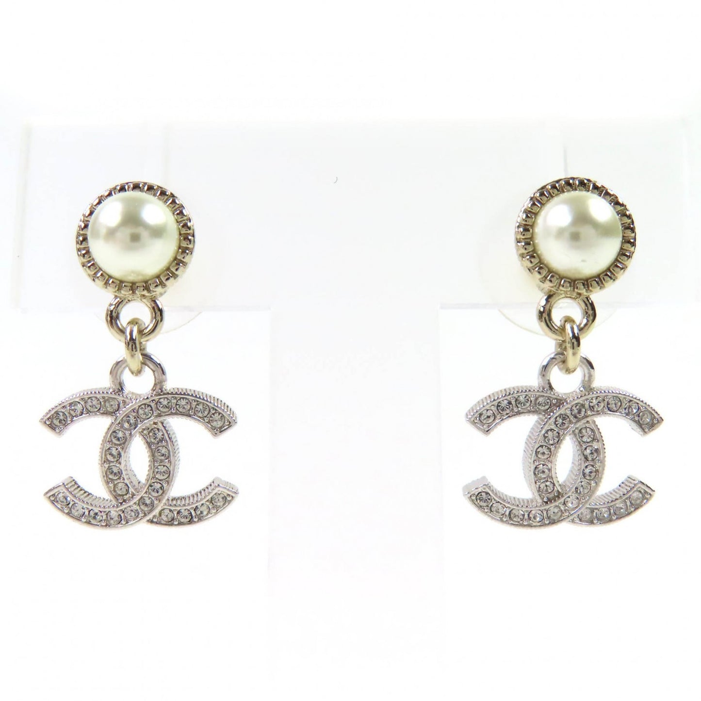 CHANEL B24K Coco Mark Pearl and Rhinestone Earrings, Silver, Made in Italy, Women's
