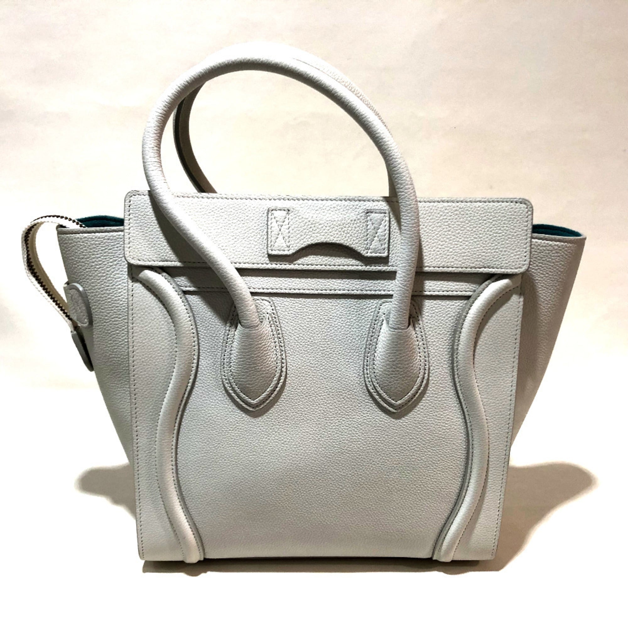 CELINE 167793 Tote Bag Micro Shopper Luggage Handbag Leather Women's White Off-White x Sky Blue