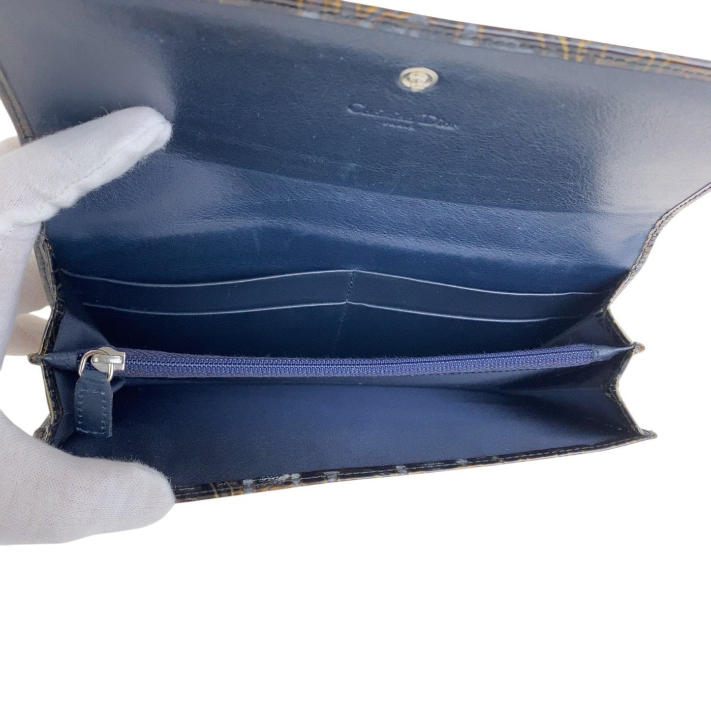 Christian Dior Trotter Brown Patent Leather Long Wallet with Silver Hardware, Women's, 506257