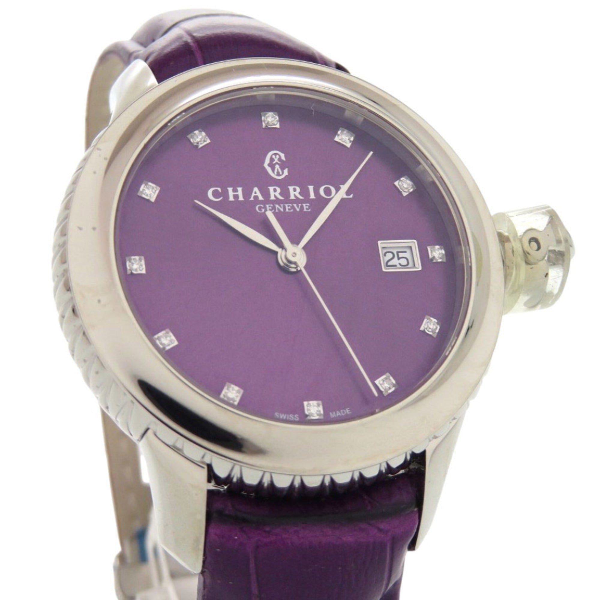 Unused Charriol Columbus 12-Piece Diamond Watch CO36QS.369.003, Stainless Steel Embossed Leather, Purple Dial, Quartz Movement, 0596 CHARRIOL — New - Store Return