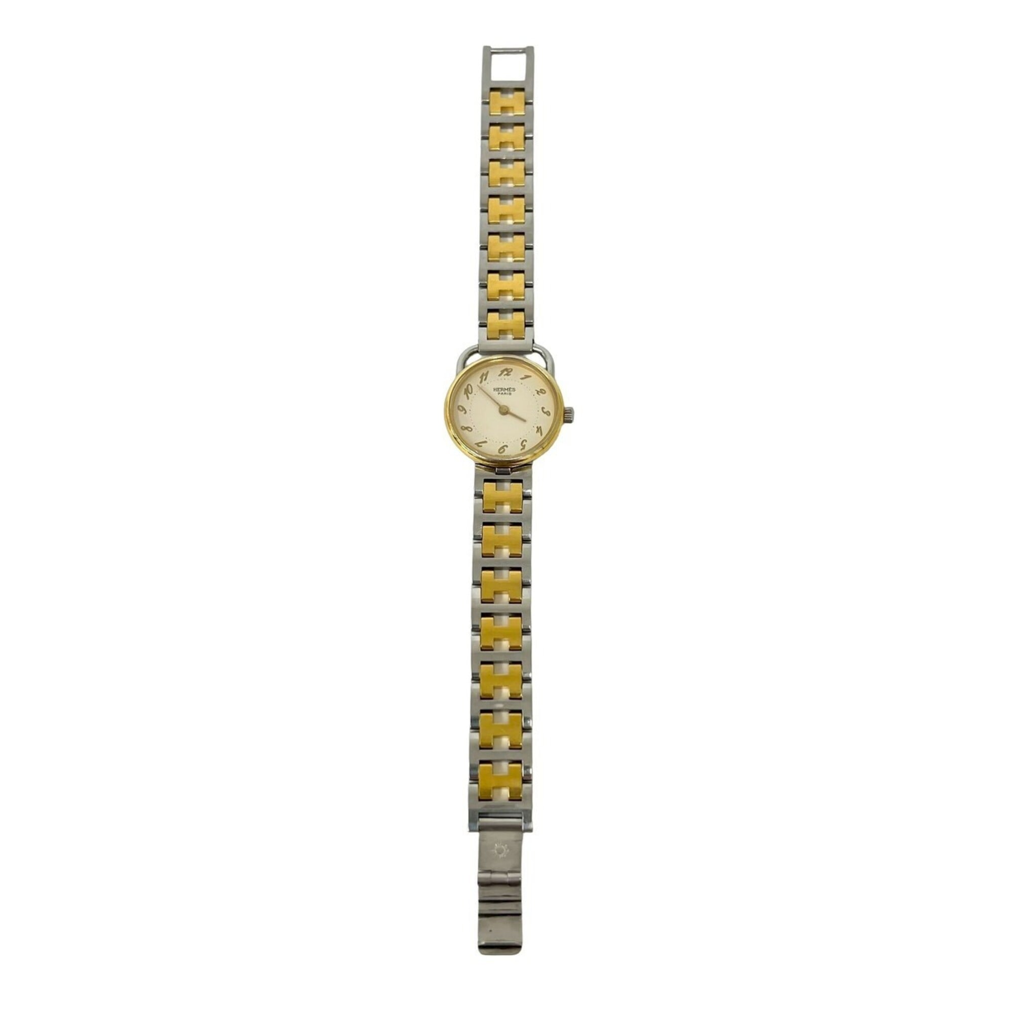 HERMES Arceau H Logo Belt Stainless Steel GP Quartz Wristwatch Silver Gold 34591 — Good