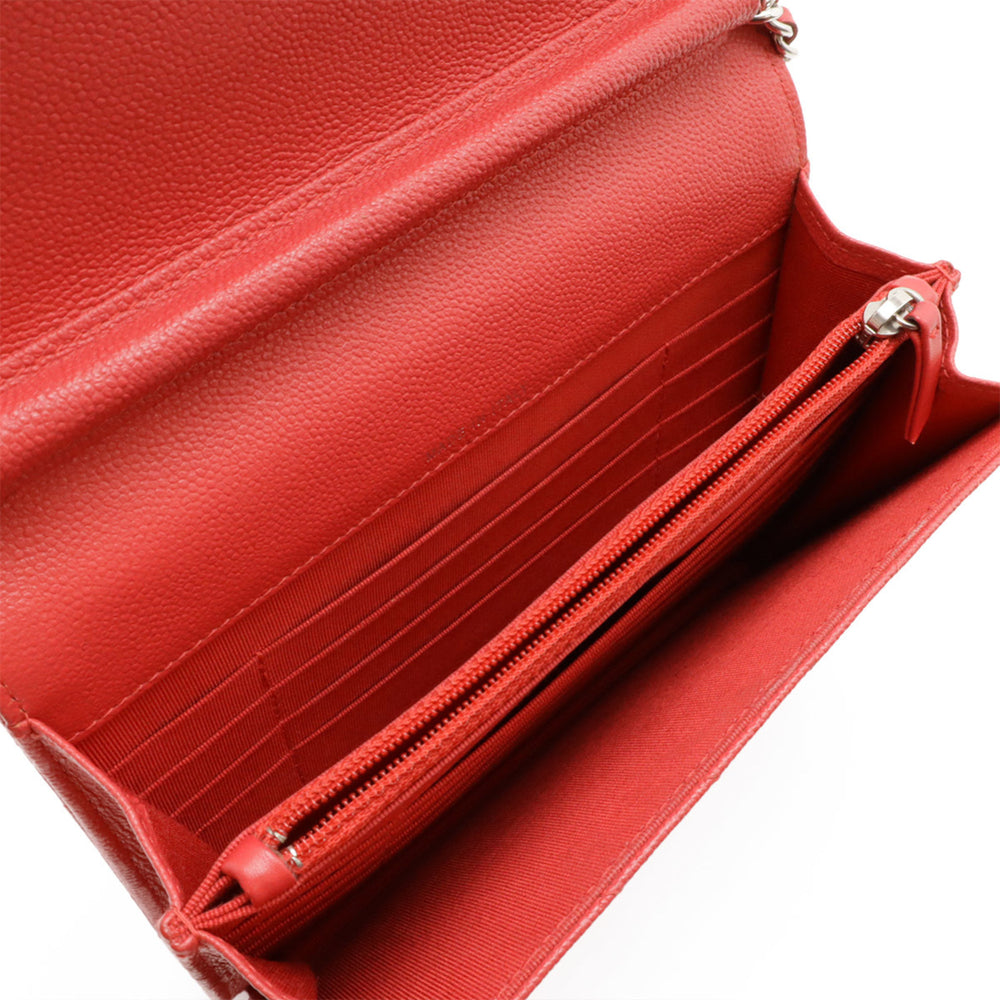 CHANEL V-Stitch Chevron Chain Wallet Shoulder Bag Pochette Caviar Leather Red Pink — Like New