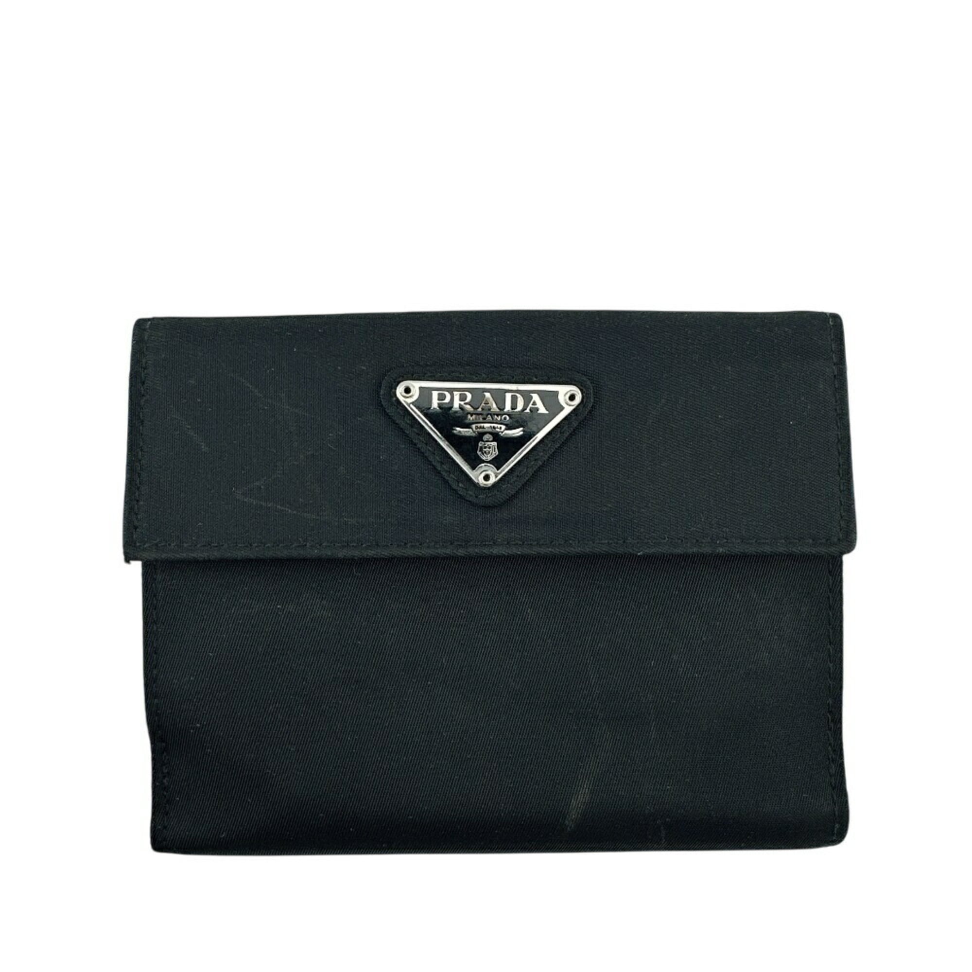 PRADA M523 Triangle Plate W Tessuto Bi-fold Wallet Black Unisex
