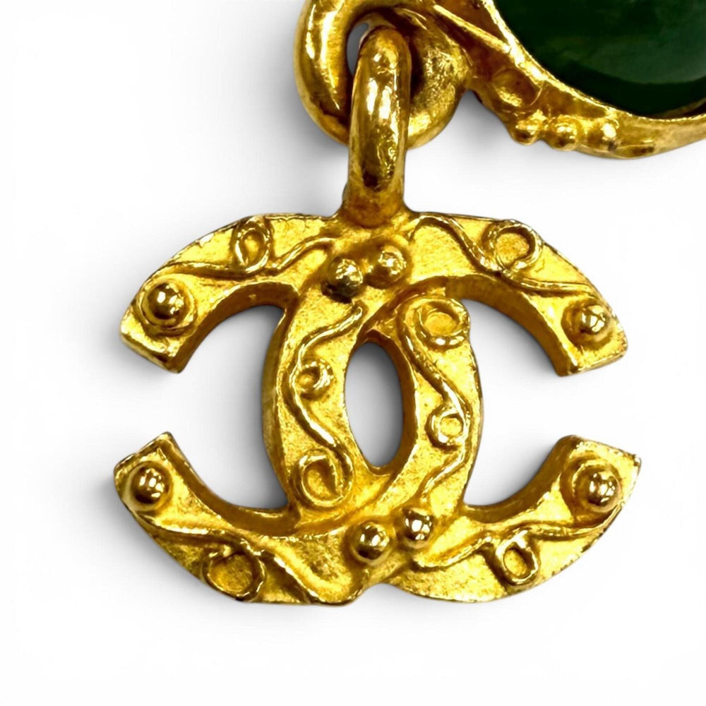 CHANEL Vintage 96A Gripoix Coco Mark Swing Earrings, Green with Gold Hardware, Made in France, Women's — Like New