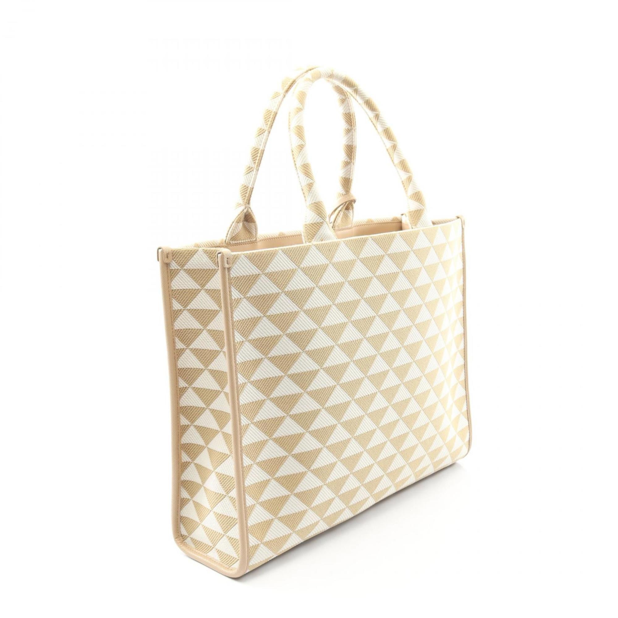 Prada Triangolo Jacquard Symbol Embroidery Tote Bag, Canvas, Women's, Beige and White, 1BA356