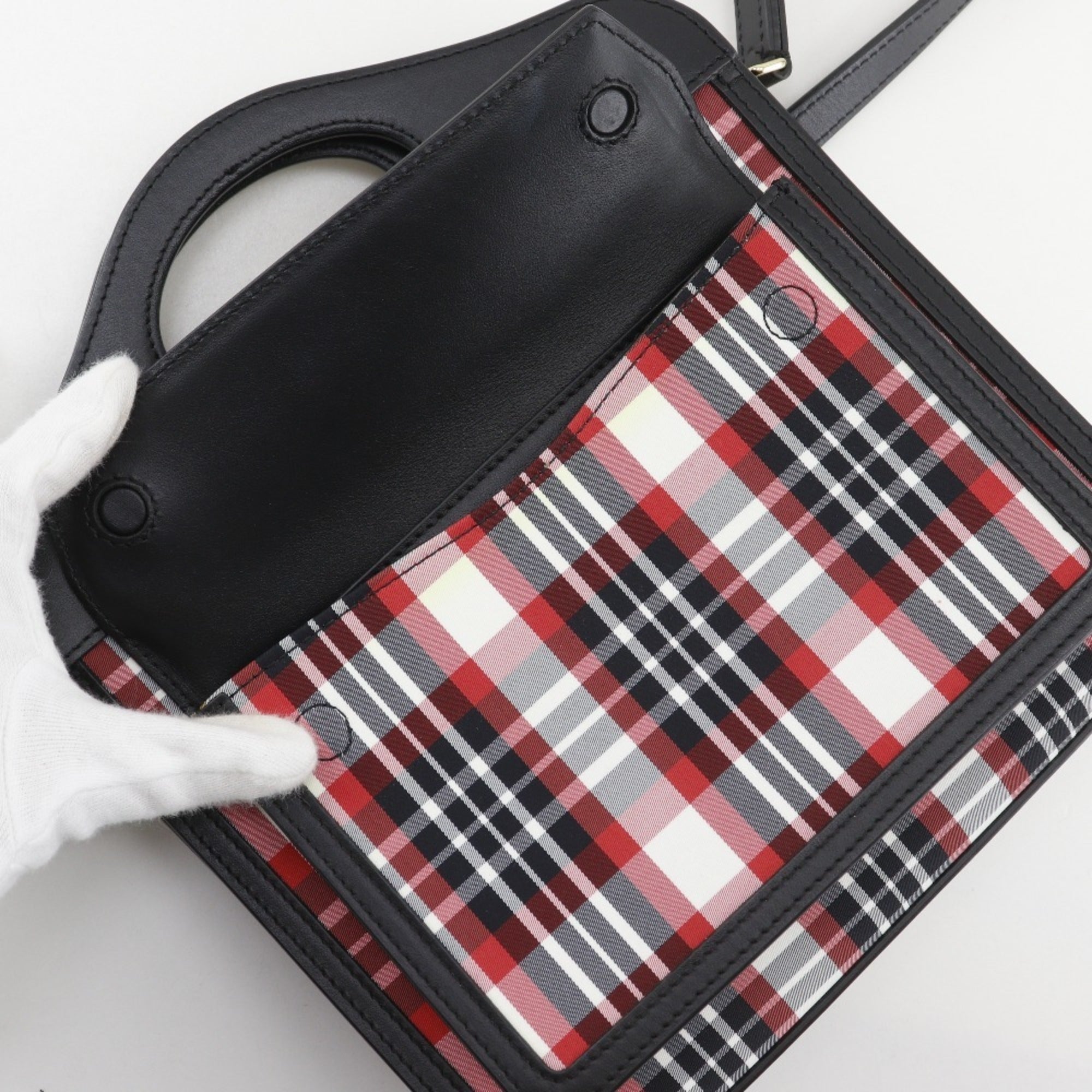 Burberry Mini Pocket Bag, 2-Way Shoulder Check Pattern, 8035841, Calfskin and Nylon, Black/Red, Women's — Like New