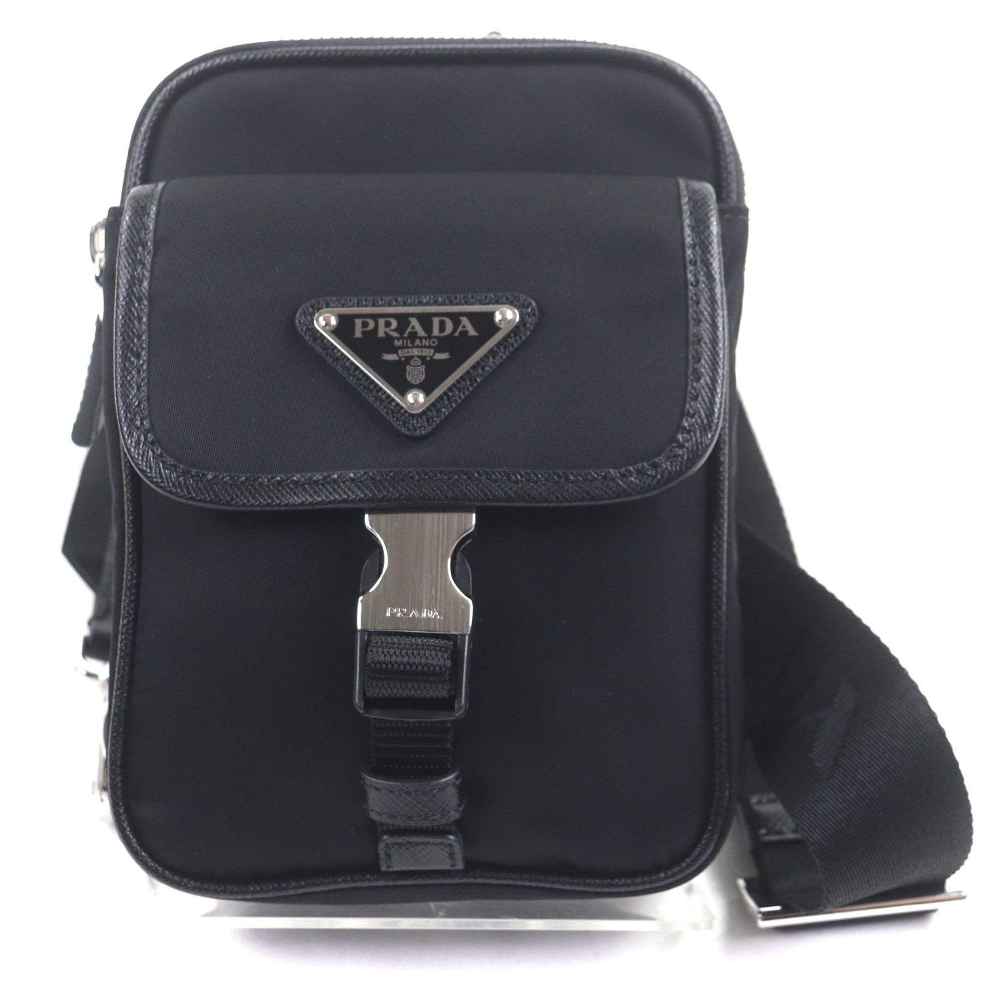 PRADA 2ZH194 Saffiano Leather Nylon Re-Nylon Triangle Logo Plate Smartphone Case Body Bag Black Silver Hardware Made in Italy Men's — Like New
