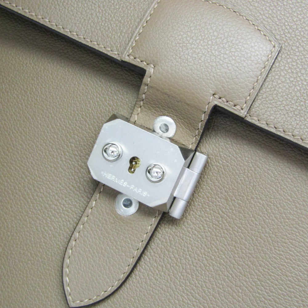 Hermes Sac A Depeche Men's Taurillon Clemence Leather Briefcase,Document Case Etoupe Gray — Like New