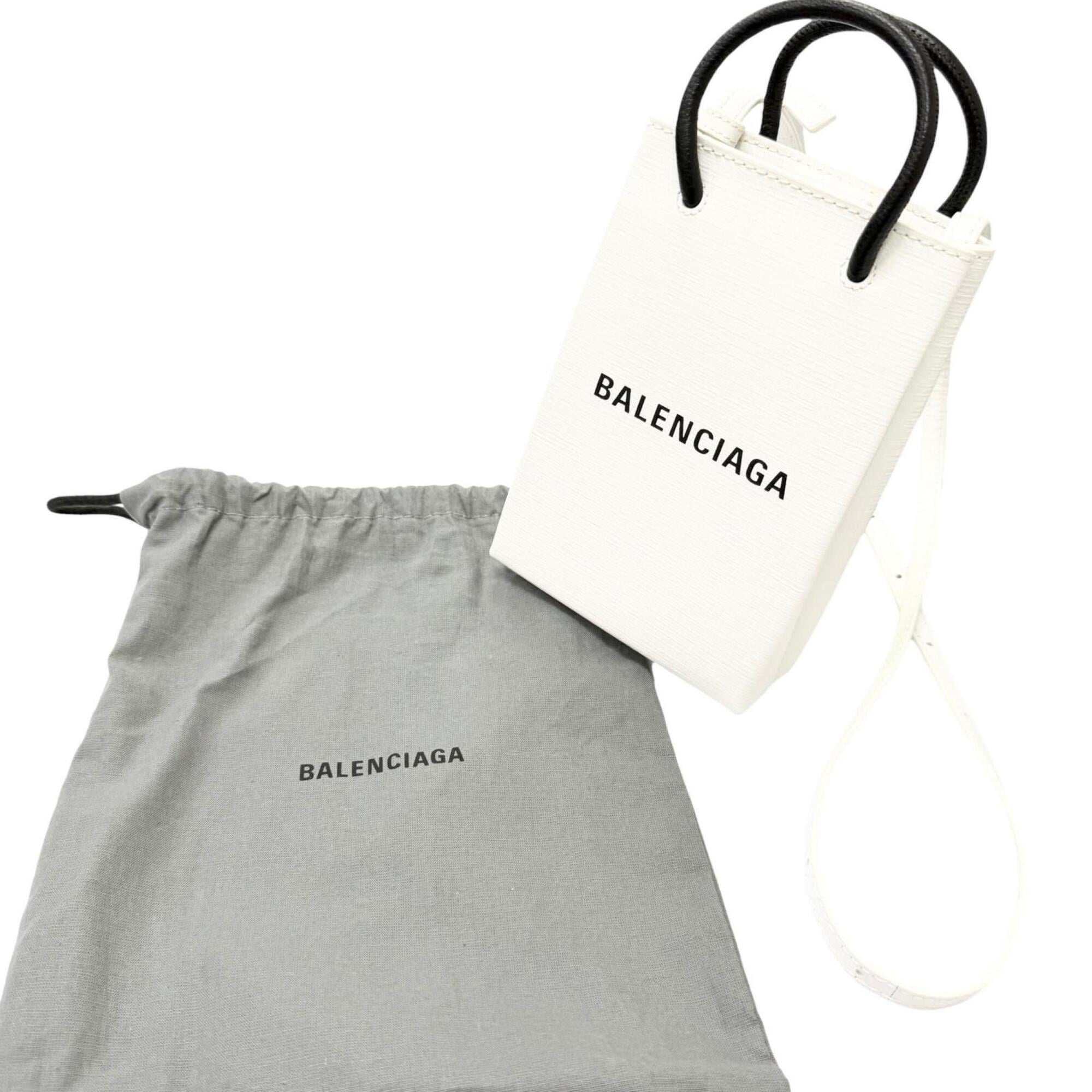 BALENCIAGA 593826 Logo Leather Shopping Phone Holder Shoulder Bag White Men's with Dust — Like New