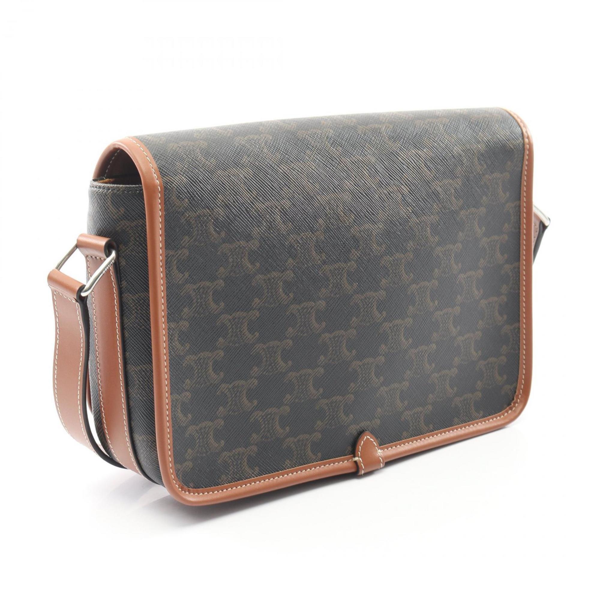 Celine Triomphe Small Folco Messenger Shoulder Bag in Coated Canvas and Leather, Men's, Black Brown, 118252BZJ.04LI