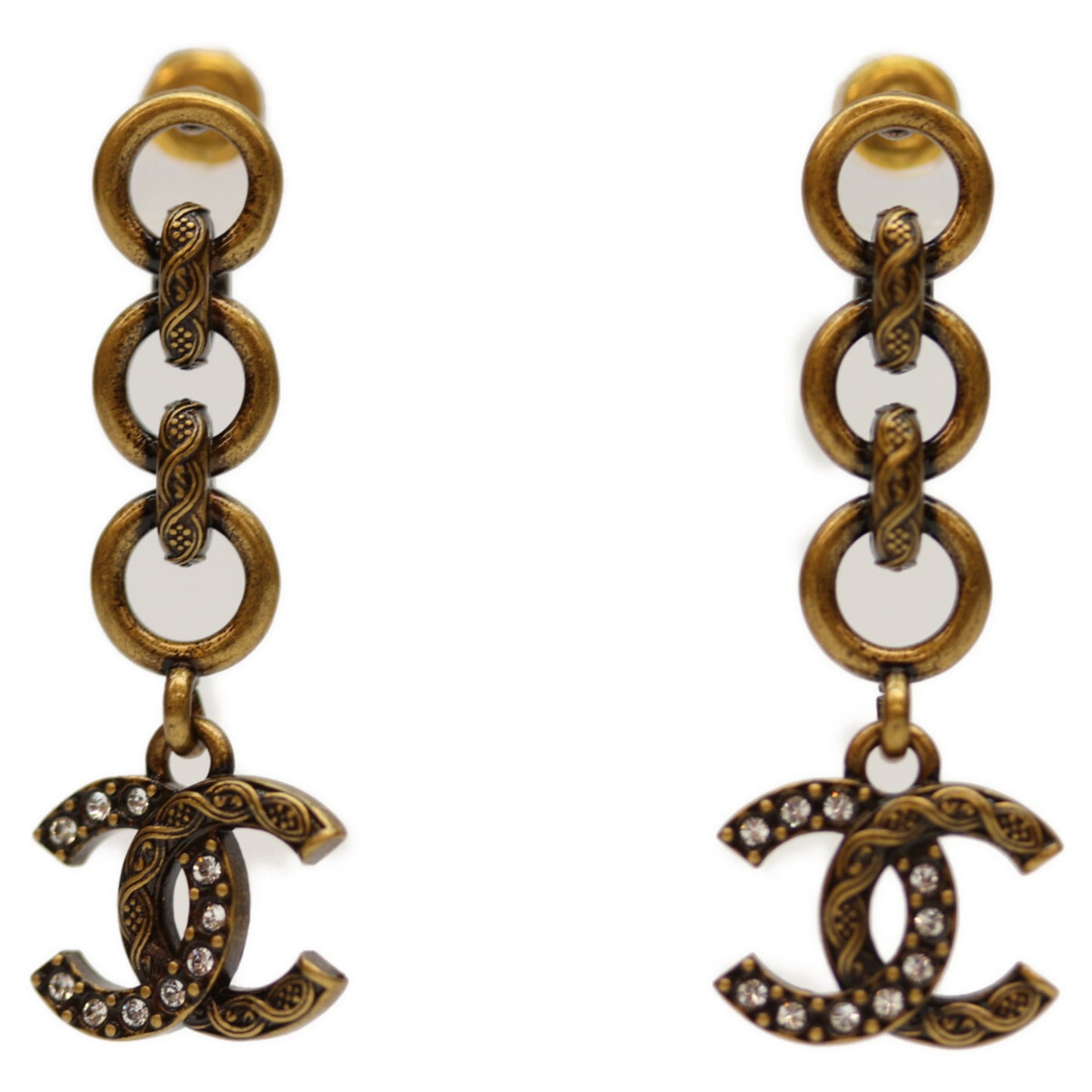 CHANEL I24A Gold Swing Coco Mark Rhinestone Earrings for Women