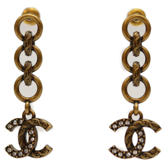 CHANEL I24A Gold Swing Coco Mark Rhinestone Earrings for Women