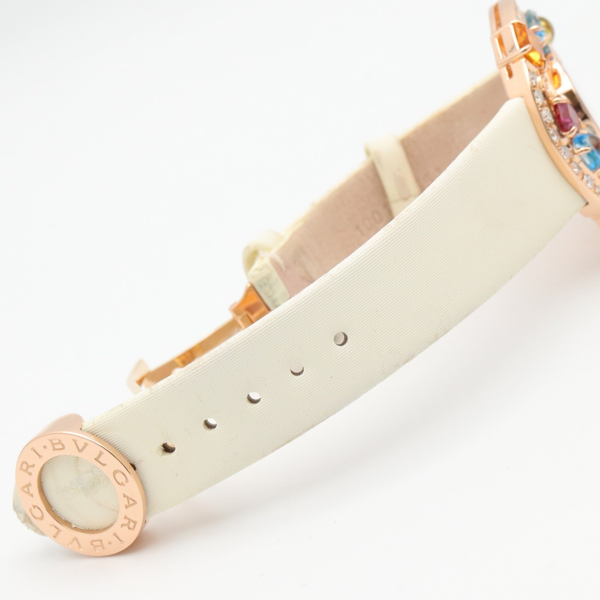 Bulgari BVLGARI Astrale Cerchi Diamond & Colored Stone Watch, 18K Pink Gold (PG), Diamond, Leather Strap, Women's, White, White Shell, AEP36G — Very Good