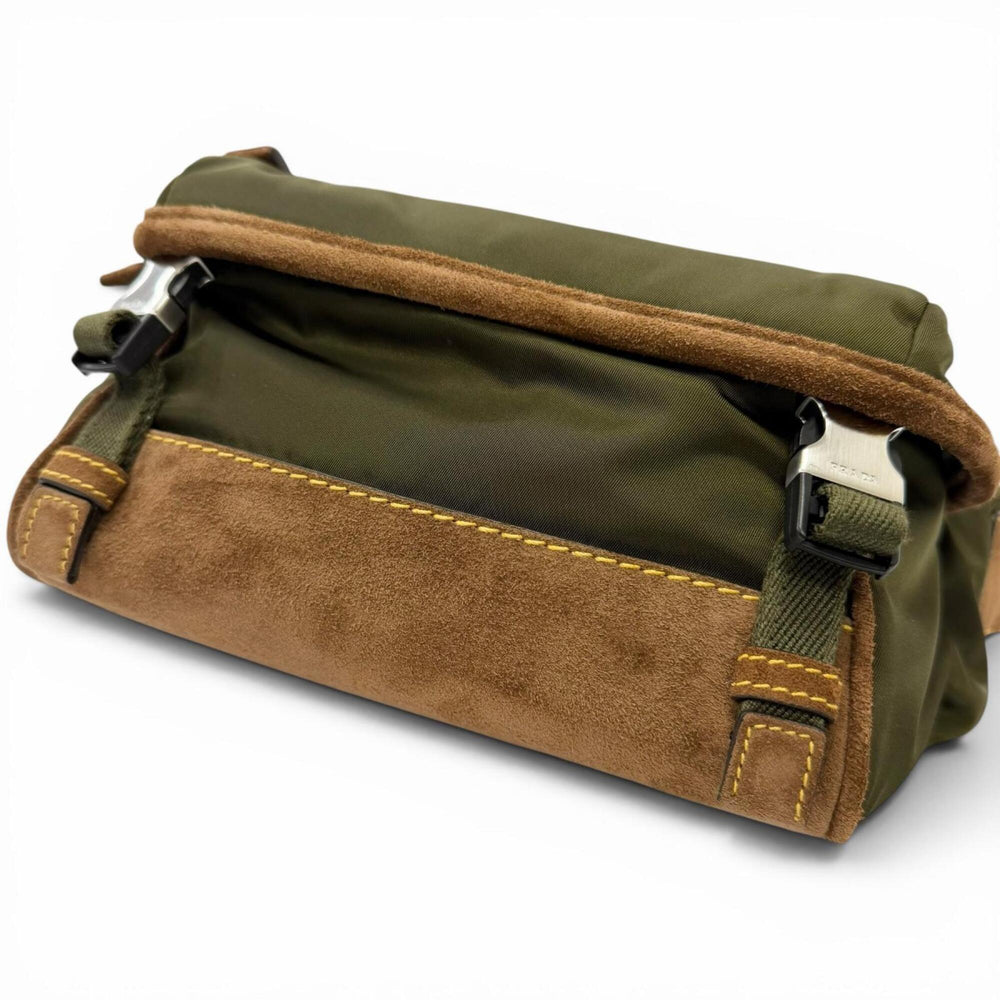 PRADA 2VH171 Re-Nylon Suede Leather Triangle Logo Body Bag, Khaki Brown, Made in Italy, Men's, with Dust Bag — Like New