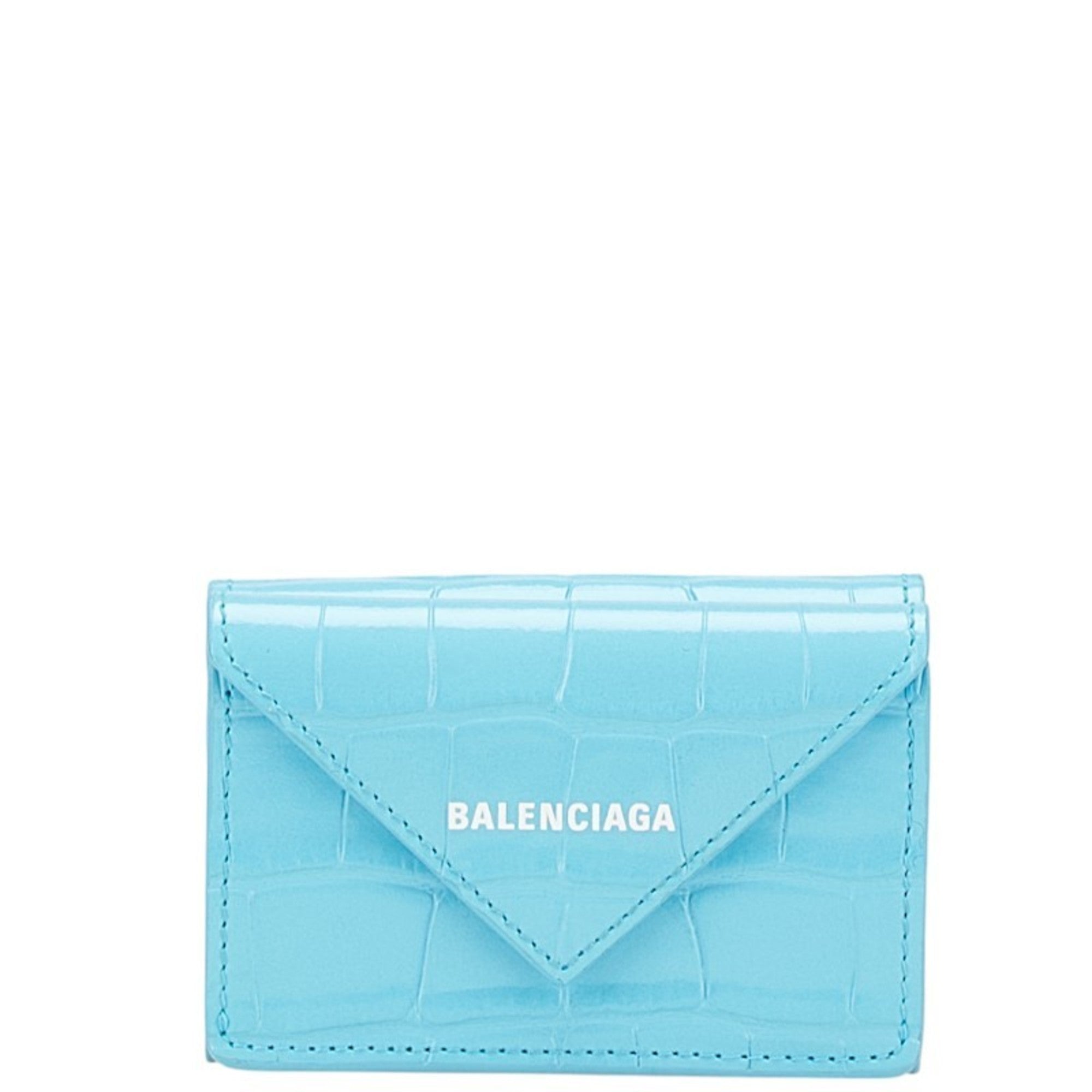 Balenciaga Paper Mini Wallet, Crocodile Embossed Tri-fold Compact Light Blue Leather, 391446, Women's