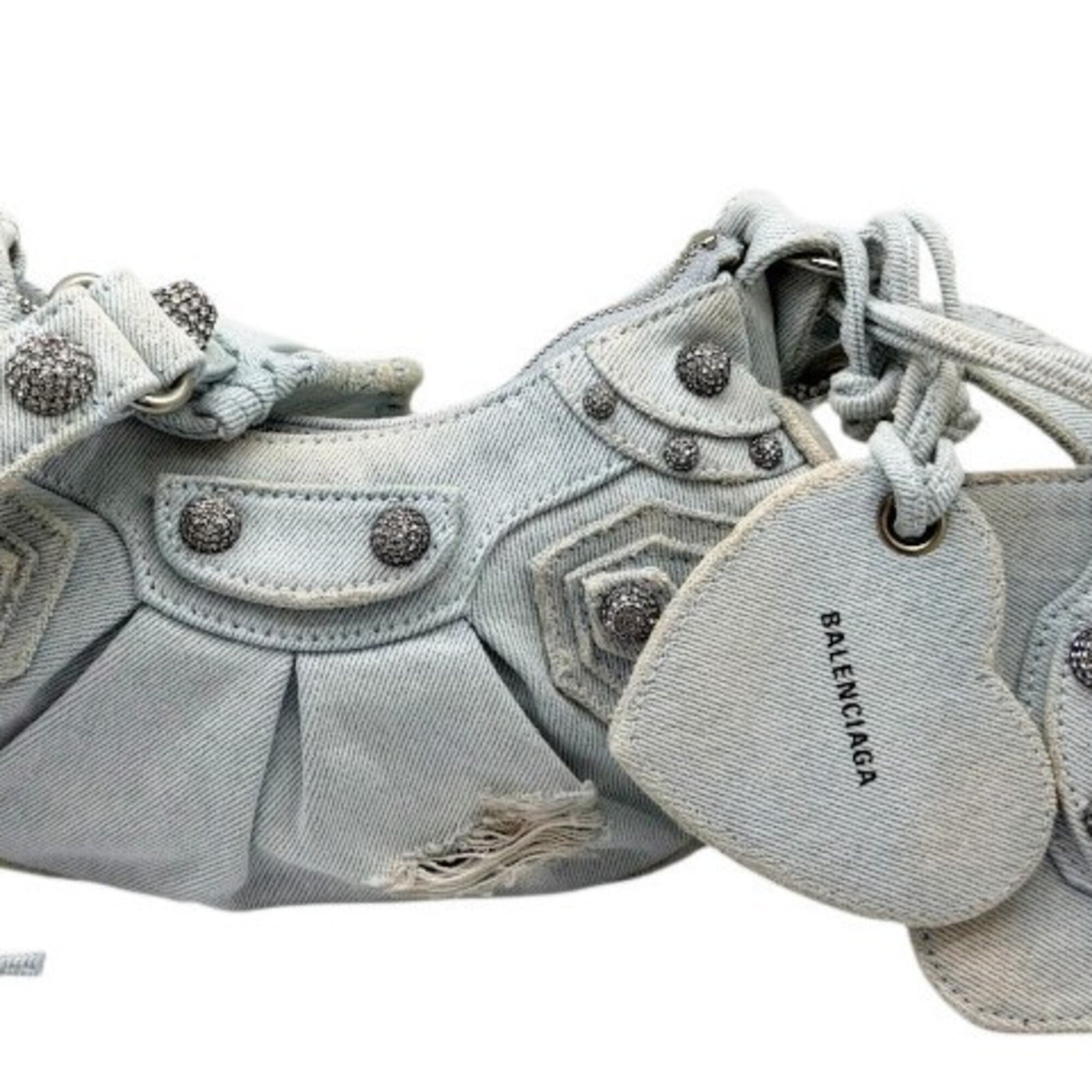 BALENCIAGA Le Cagole denim shoulder bag XS, blue with rhinestone heart design, for women — New - Store Return