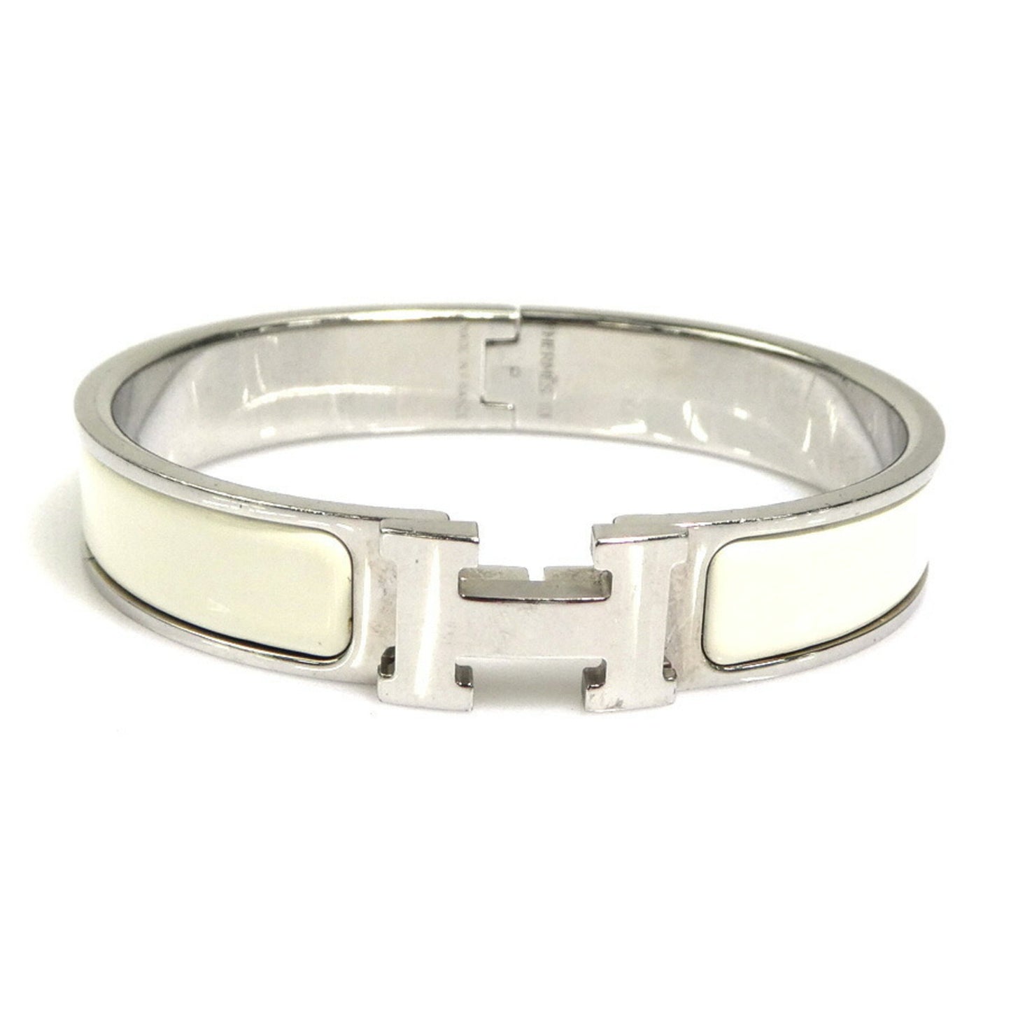 Hermes Hermès Click-Clack Metal Enamel Bangle Bracelet in Silver and Off-White for Women (e60887i)