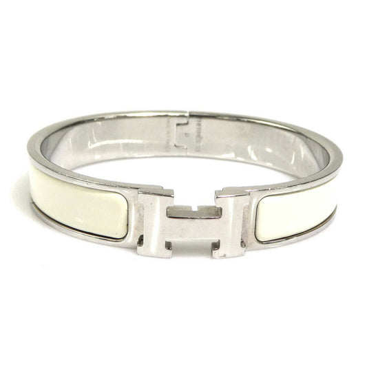 Hermes Hermès Click-Clack Metal Enamel Bangle Bracelet in Silver and Off-White for Women (e60887i)