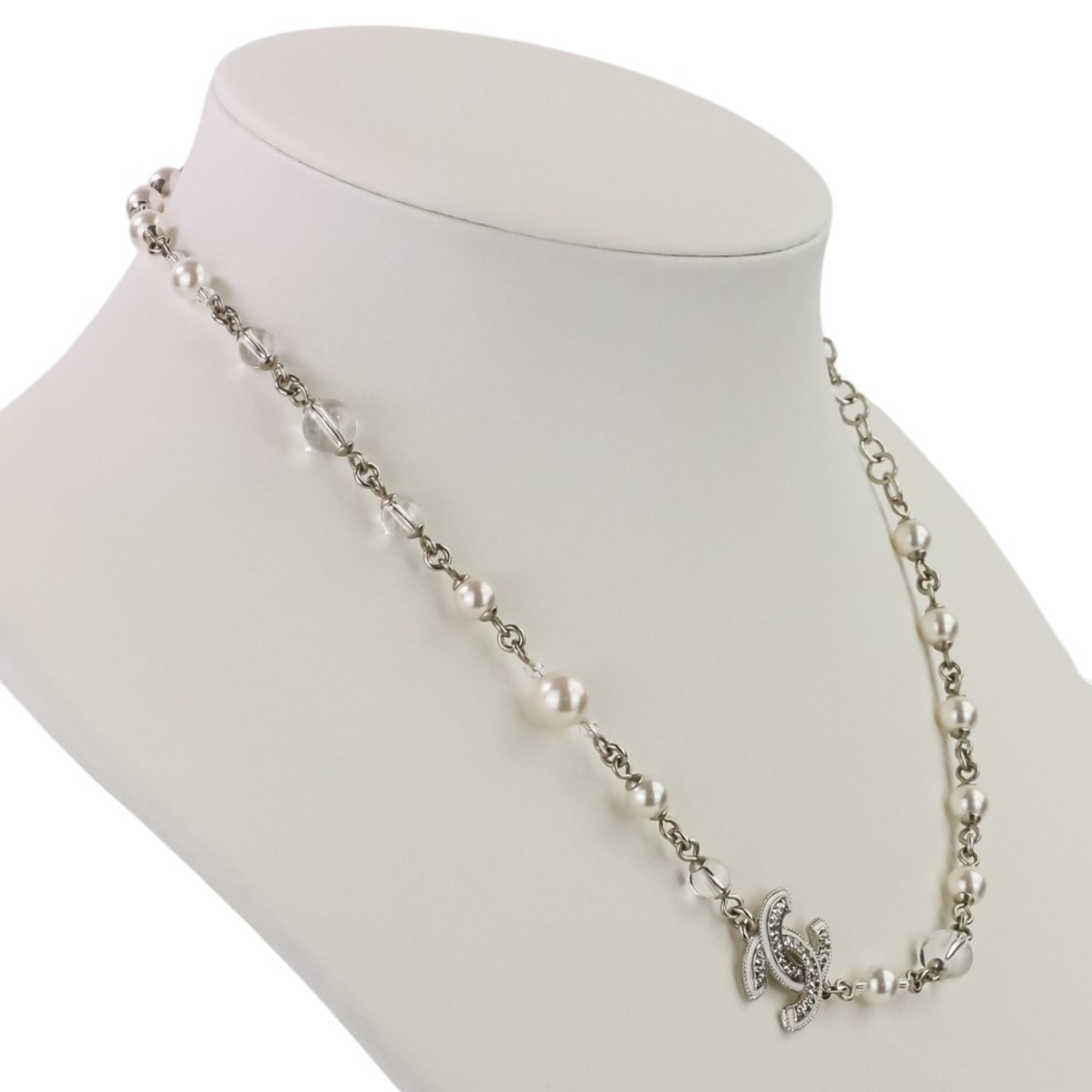 A25C CHANEL Rhinestone Coco Mark Pearl Necklace, Silver/White, Women's — Like New