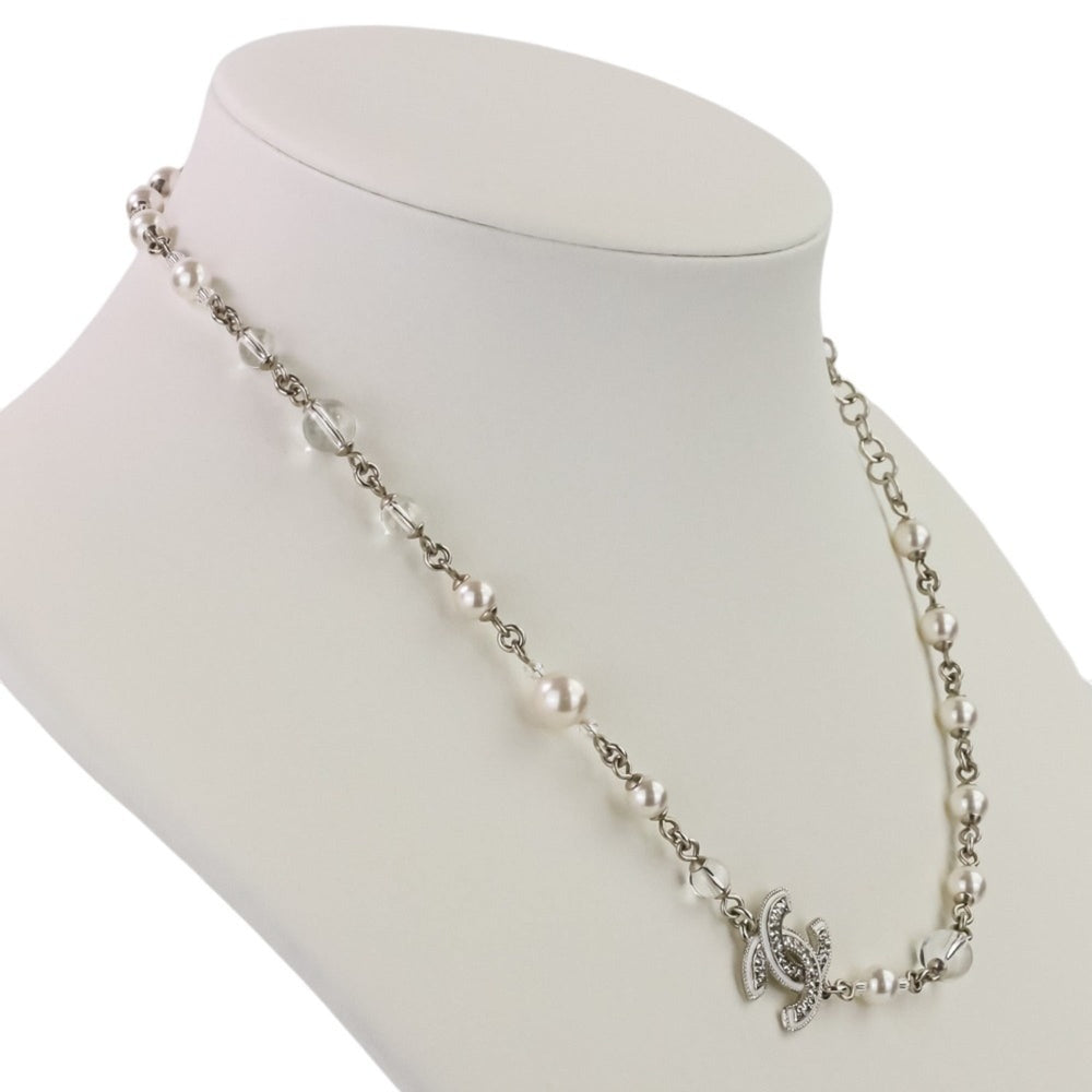 A25C CHANEL Rhinestone Coco Mark Pearl Necklace, Silver/White, Women's — Like New