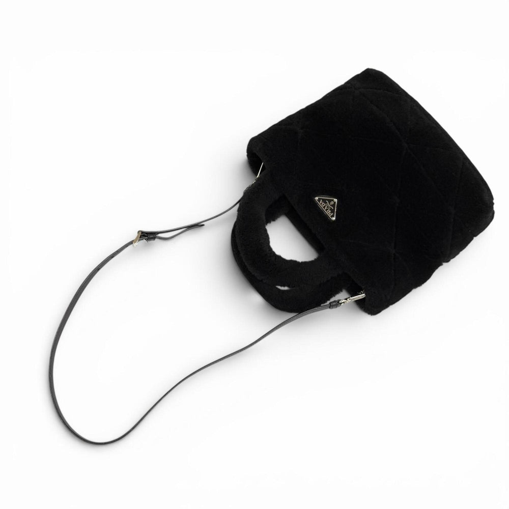 PRADA 1BG378 Triangle Logo 2-Way Shearling Fur Shoulder Bag with Pouch, Black, Made in Italy, Women's, Dust — Like New